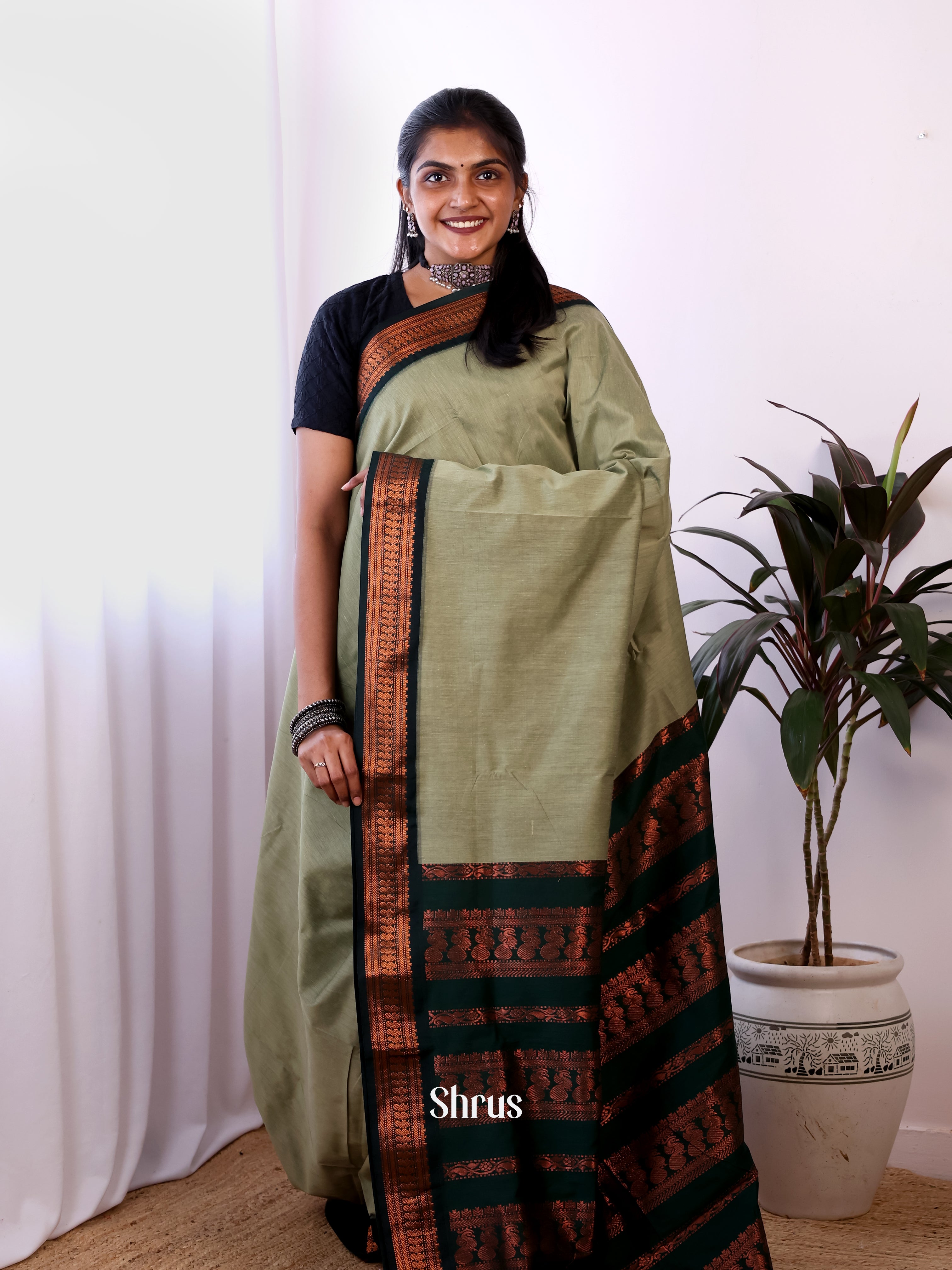 Grey & Green - Kalyani Cotton Saree - Shop on Shrus.com