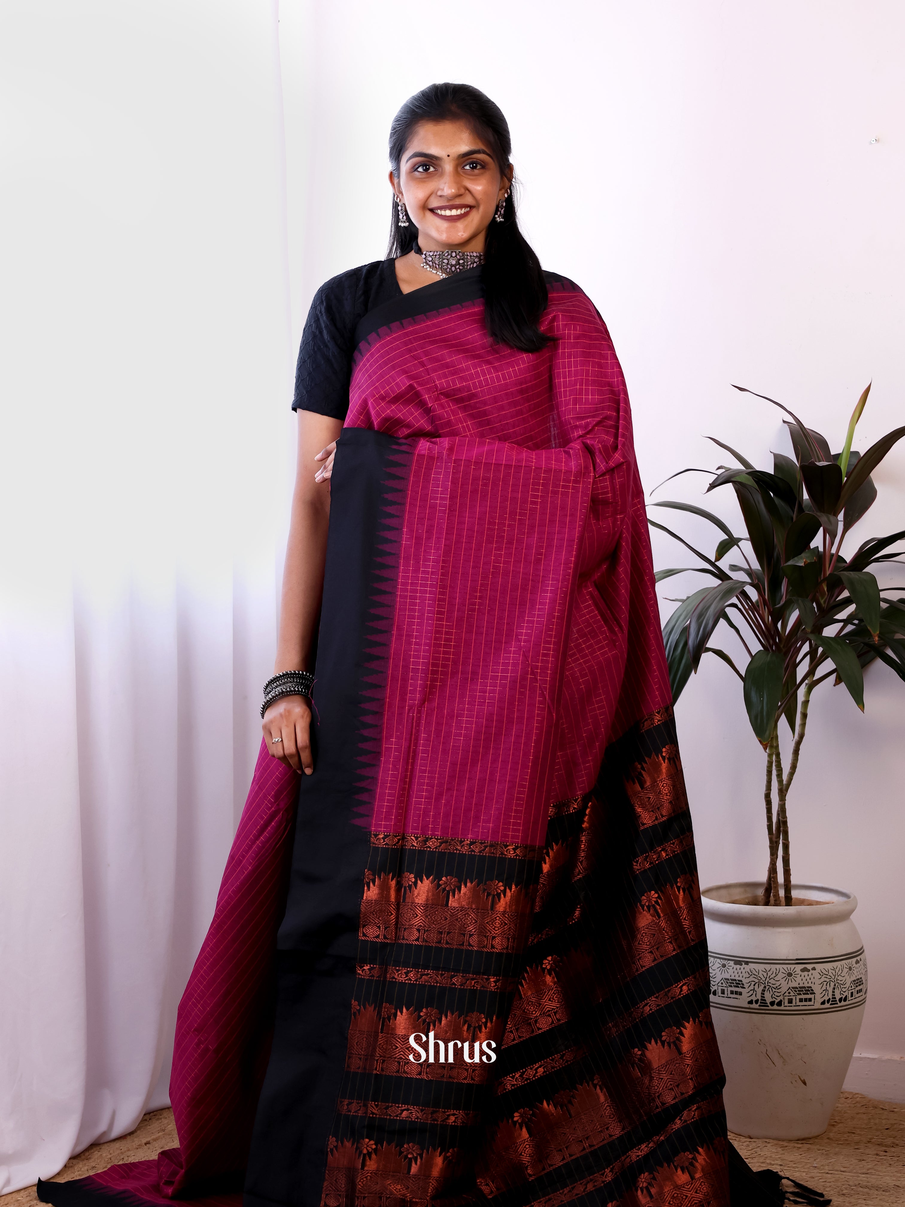 Maroon & Black - Kalyani Cotton Saree - Shop on Shrus.com