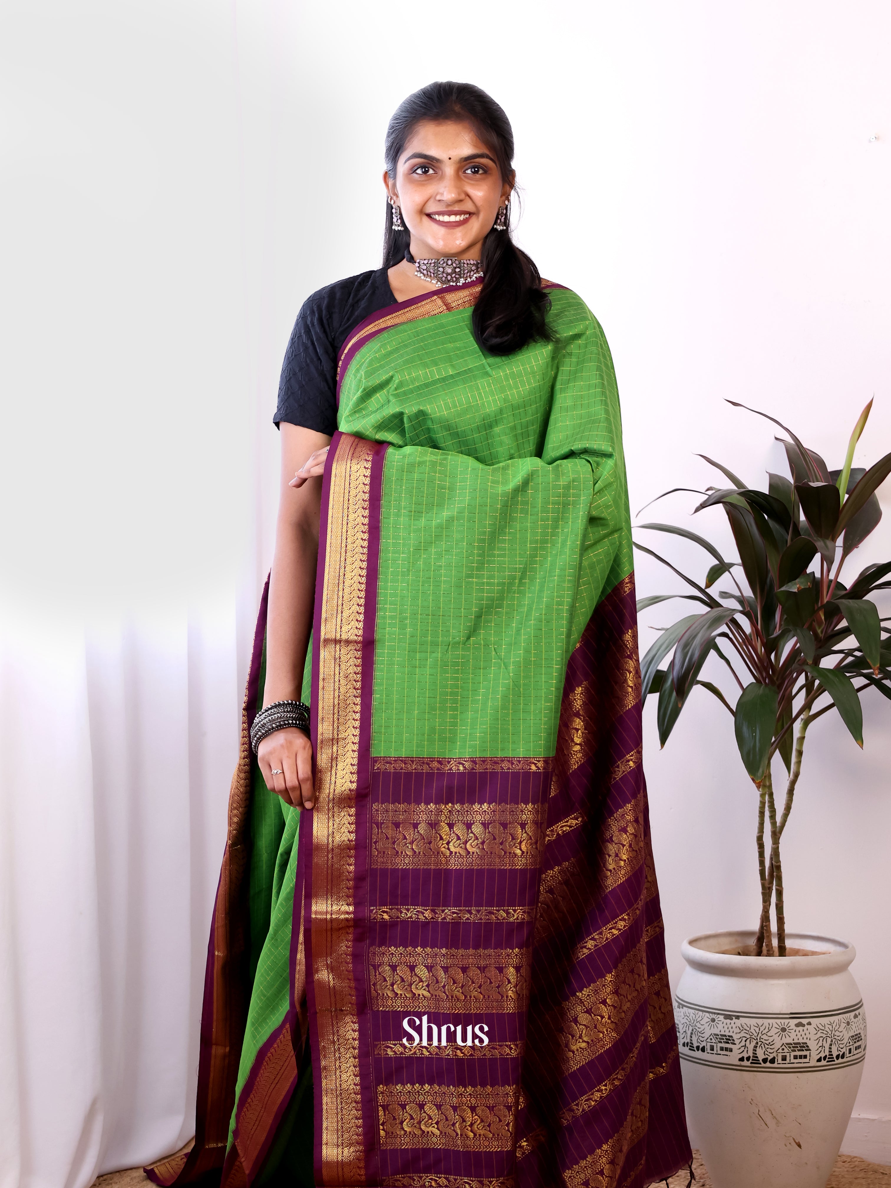 Green & Purple- Kalyani Cotton Saree - Shop on Shrus.com