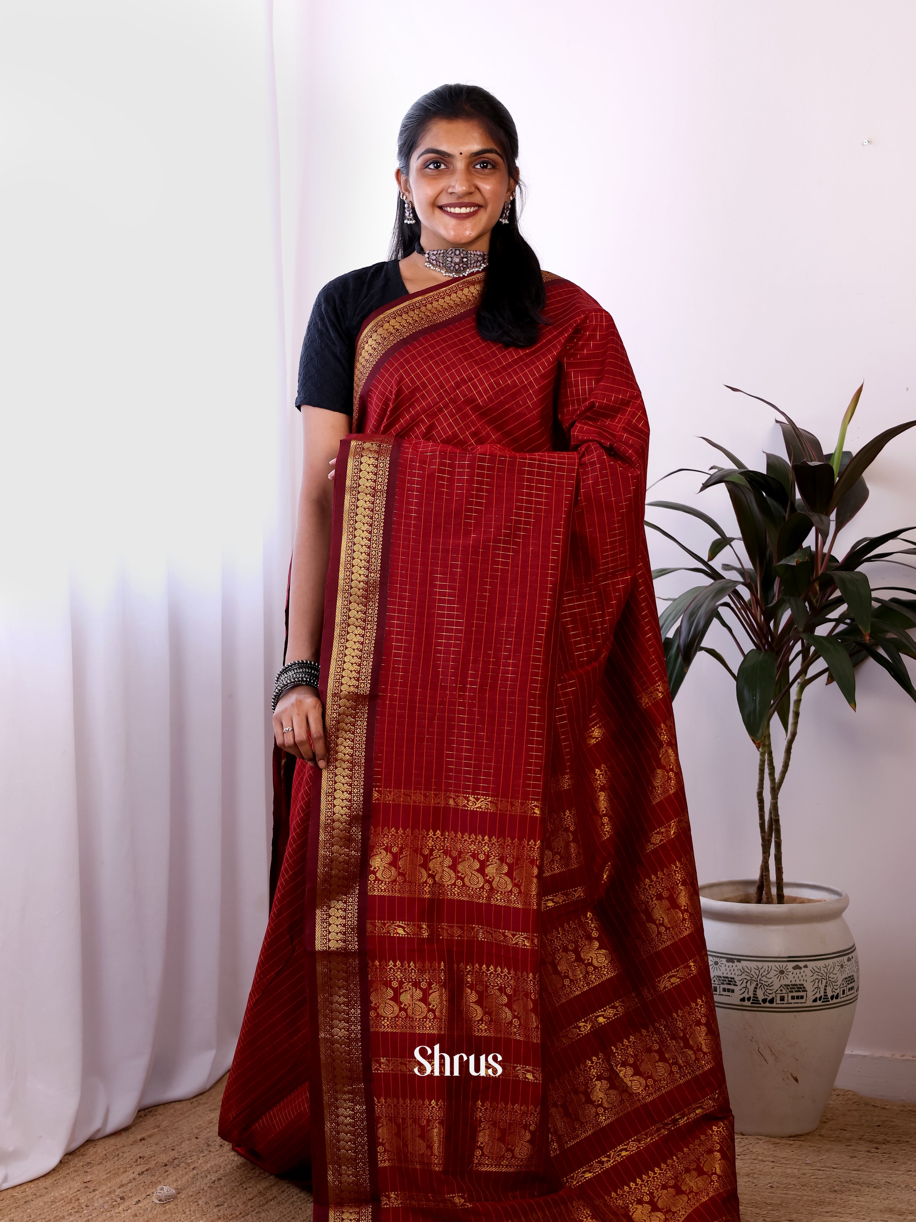 Red & Maroon - Kalyani Cotton Saree - Shop on Shrus.com