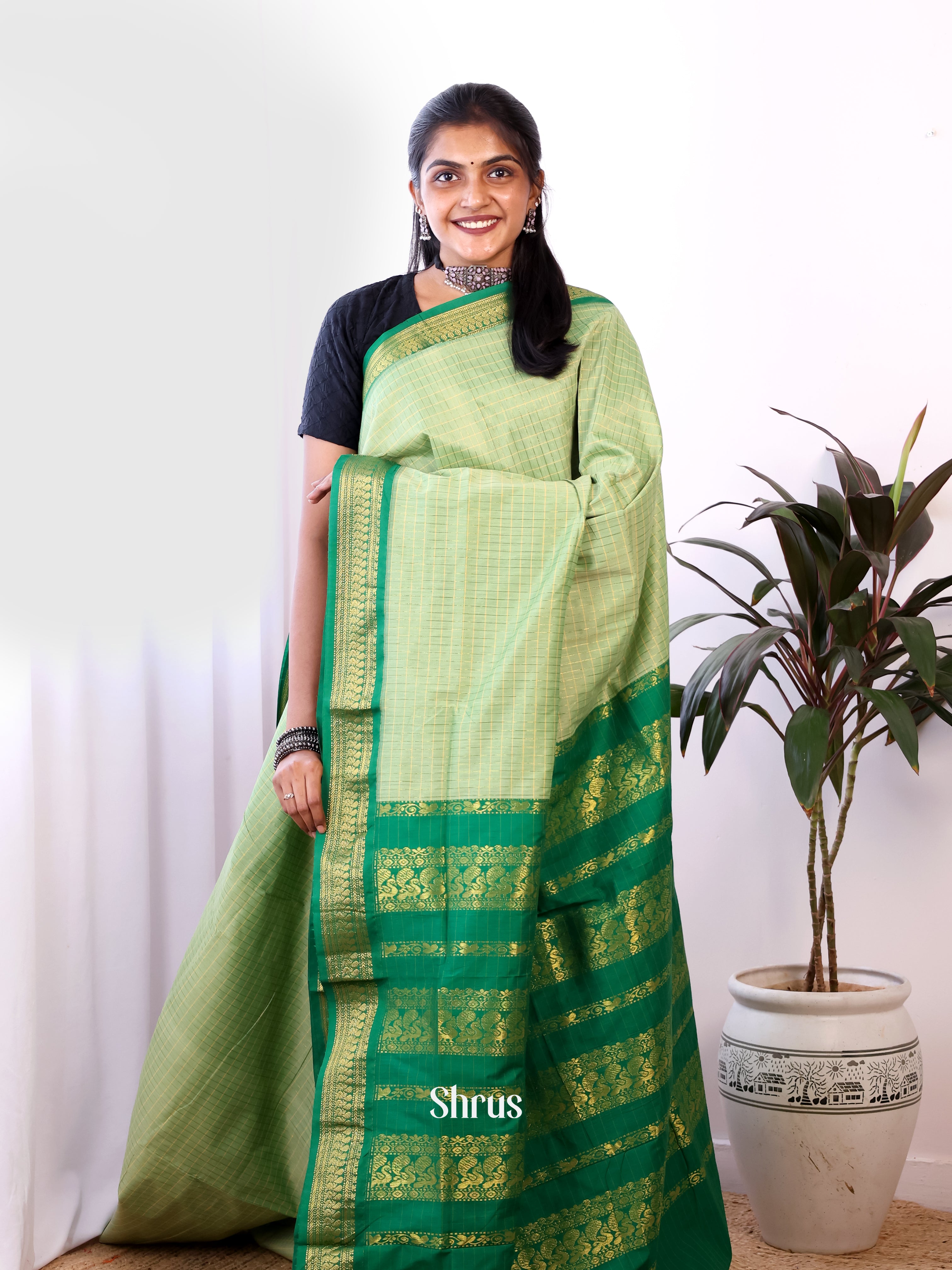 Lite Green & Green - Kalyani Cotton Saree - Shop on Shrus.com