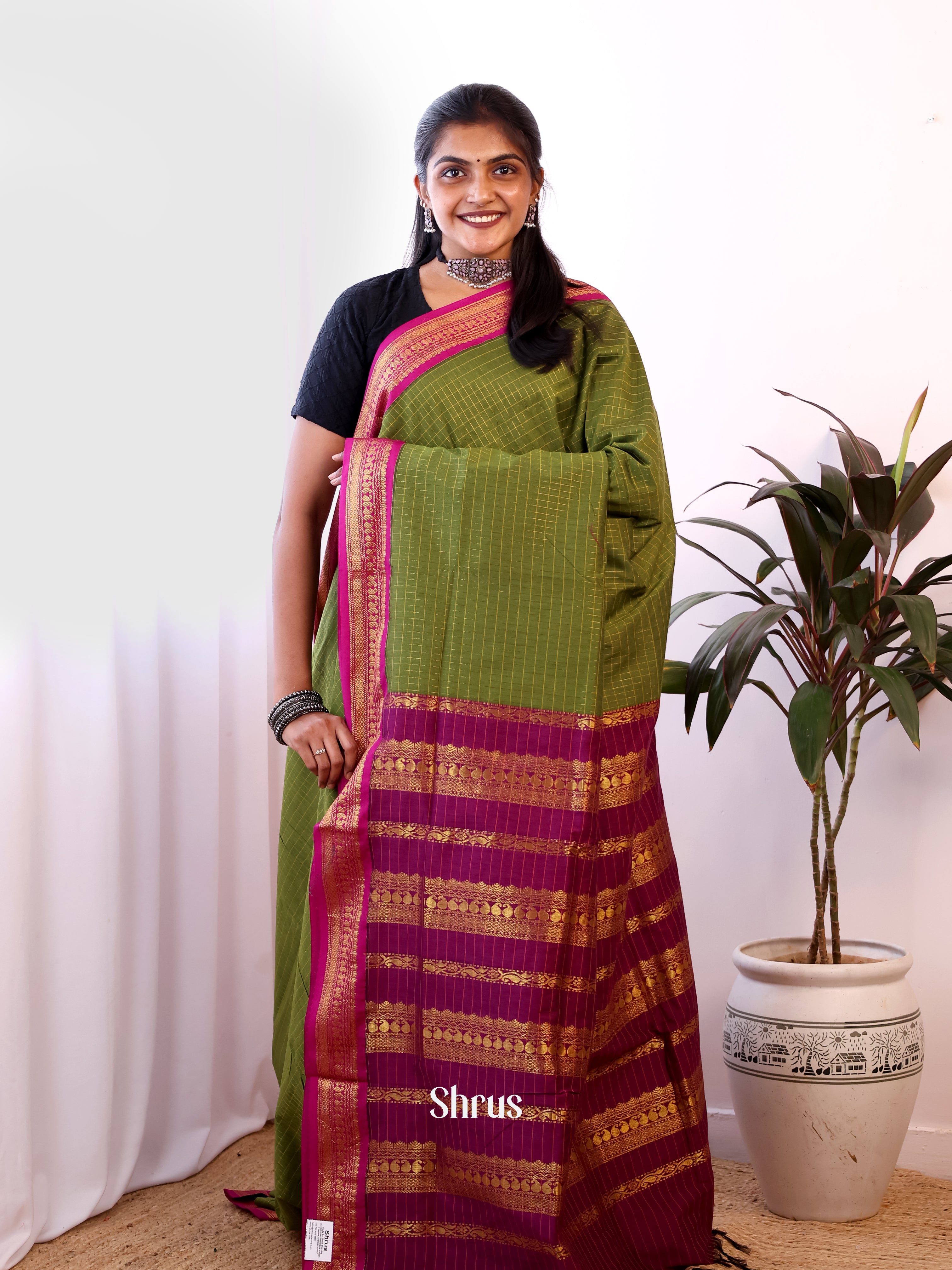 Green & Pink- Kalyani Cotton Saree - Shop on Shrus.com