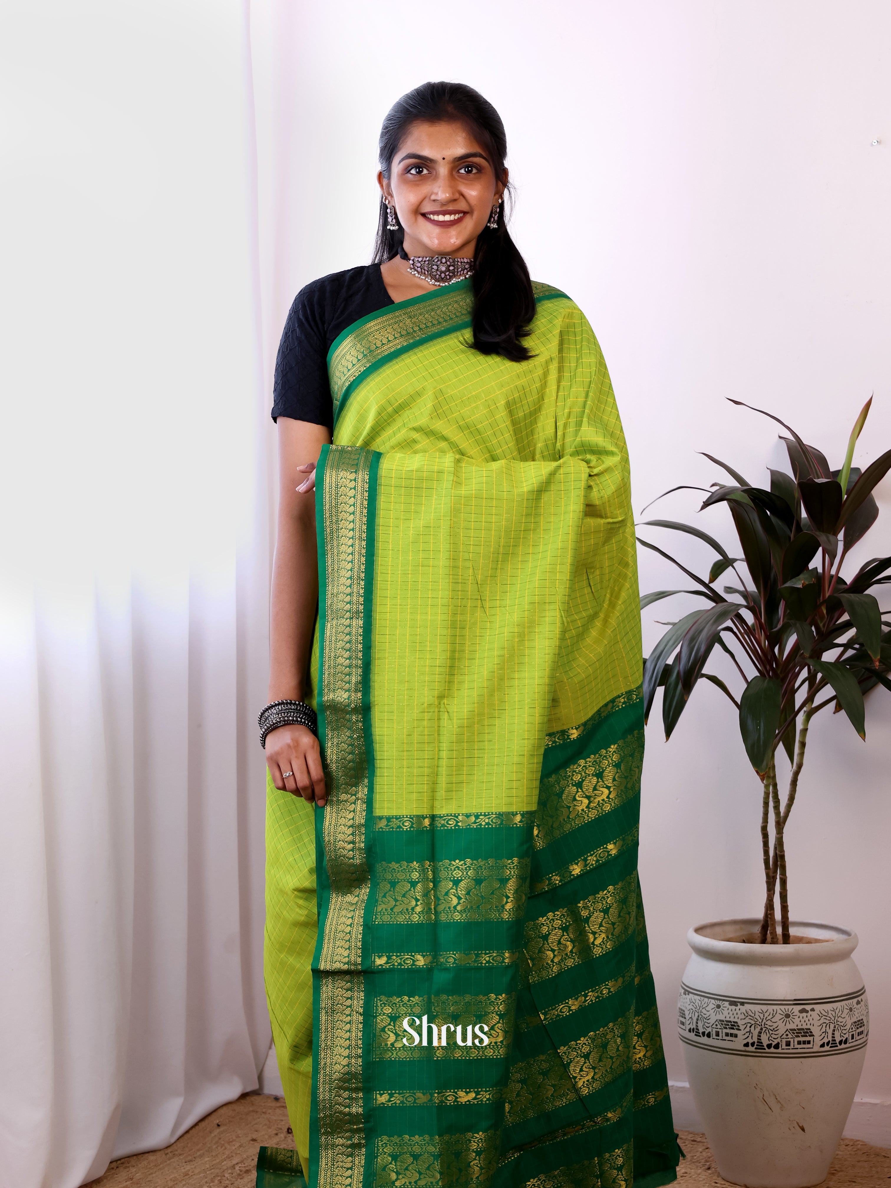 Lite Green & Green- Kalyani Cotton Saree - Shop on Shrus.com