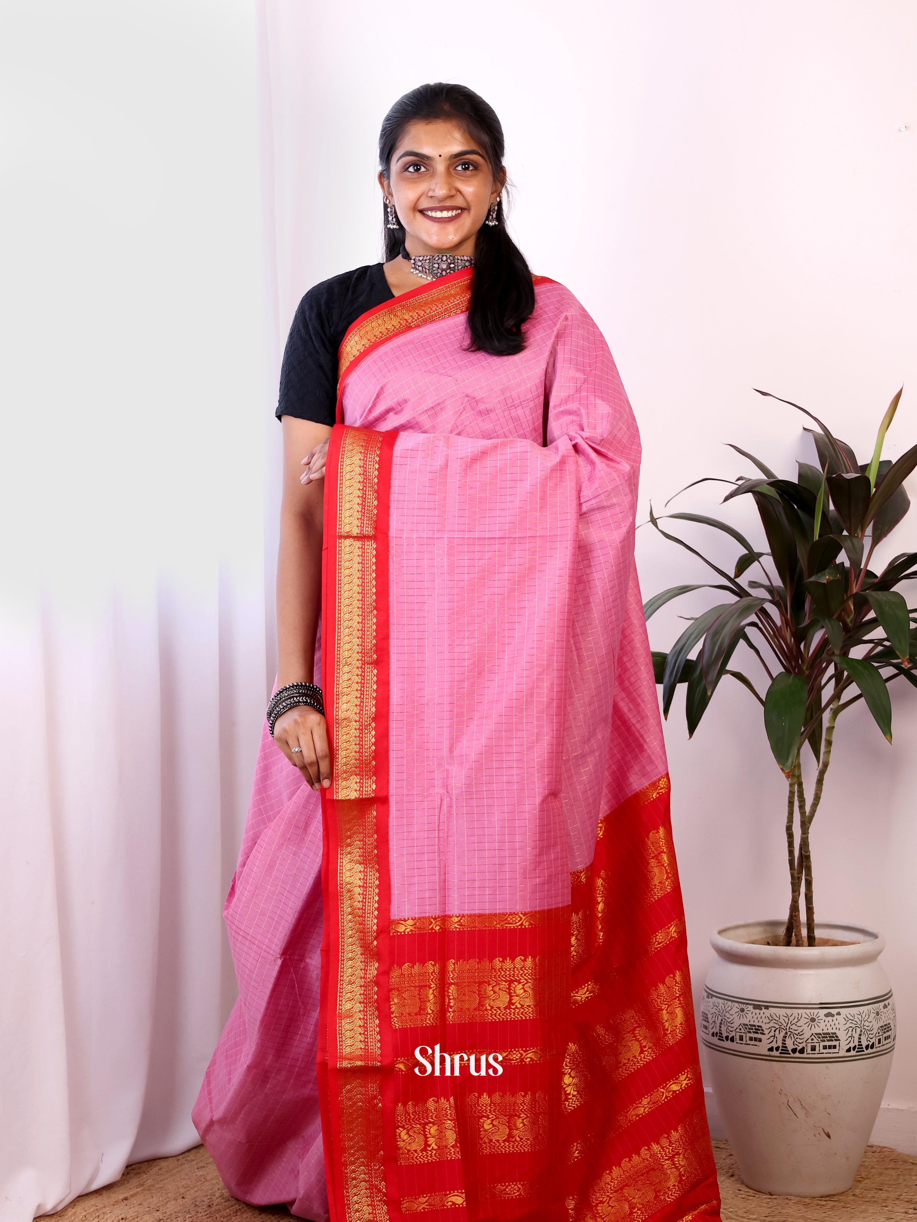 Pink & Red- Kalyani Cotton Saree - Shop on Shrus.com