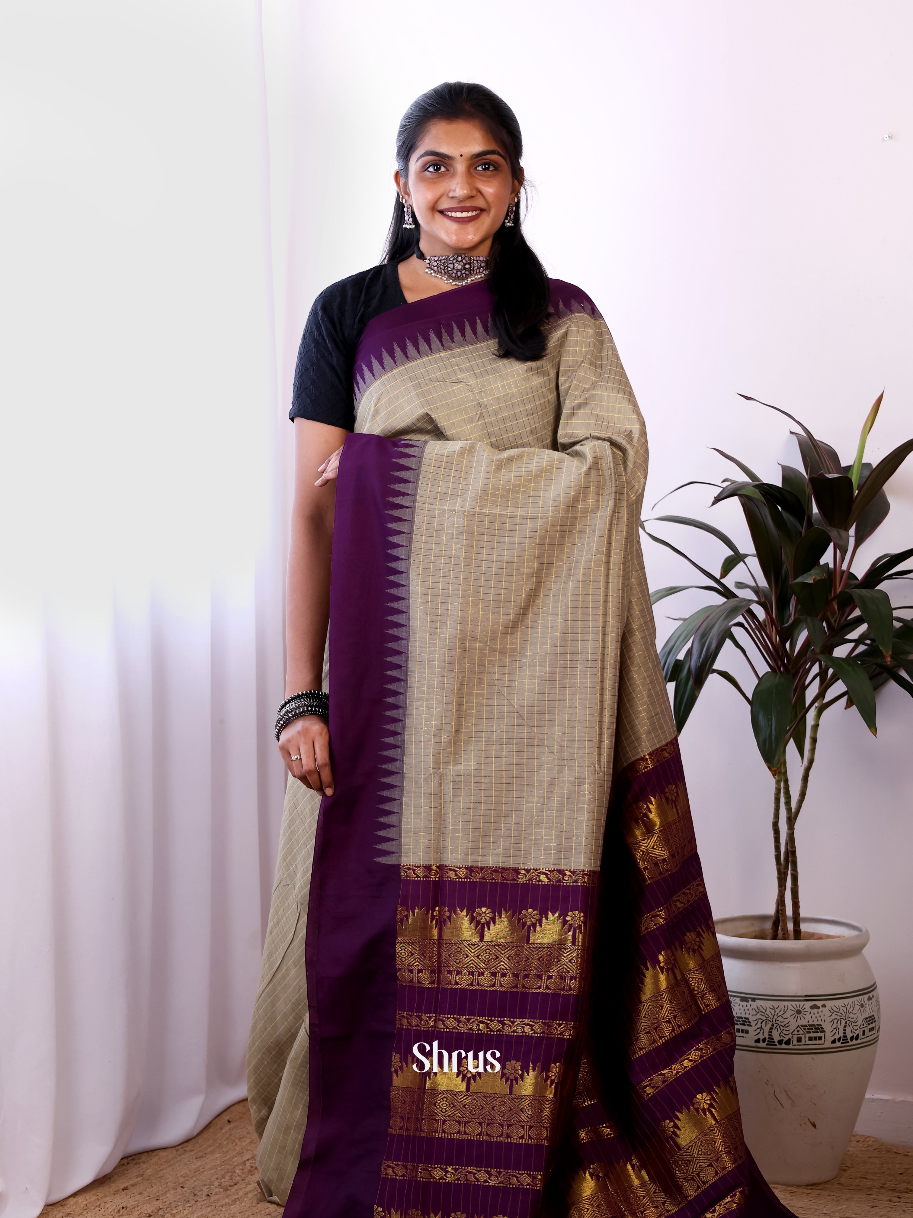 Grey & Violet- Kalyani Cotton Saree - Shop on Shrus.com