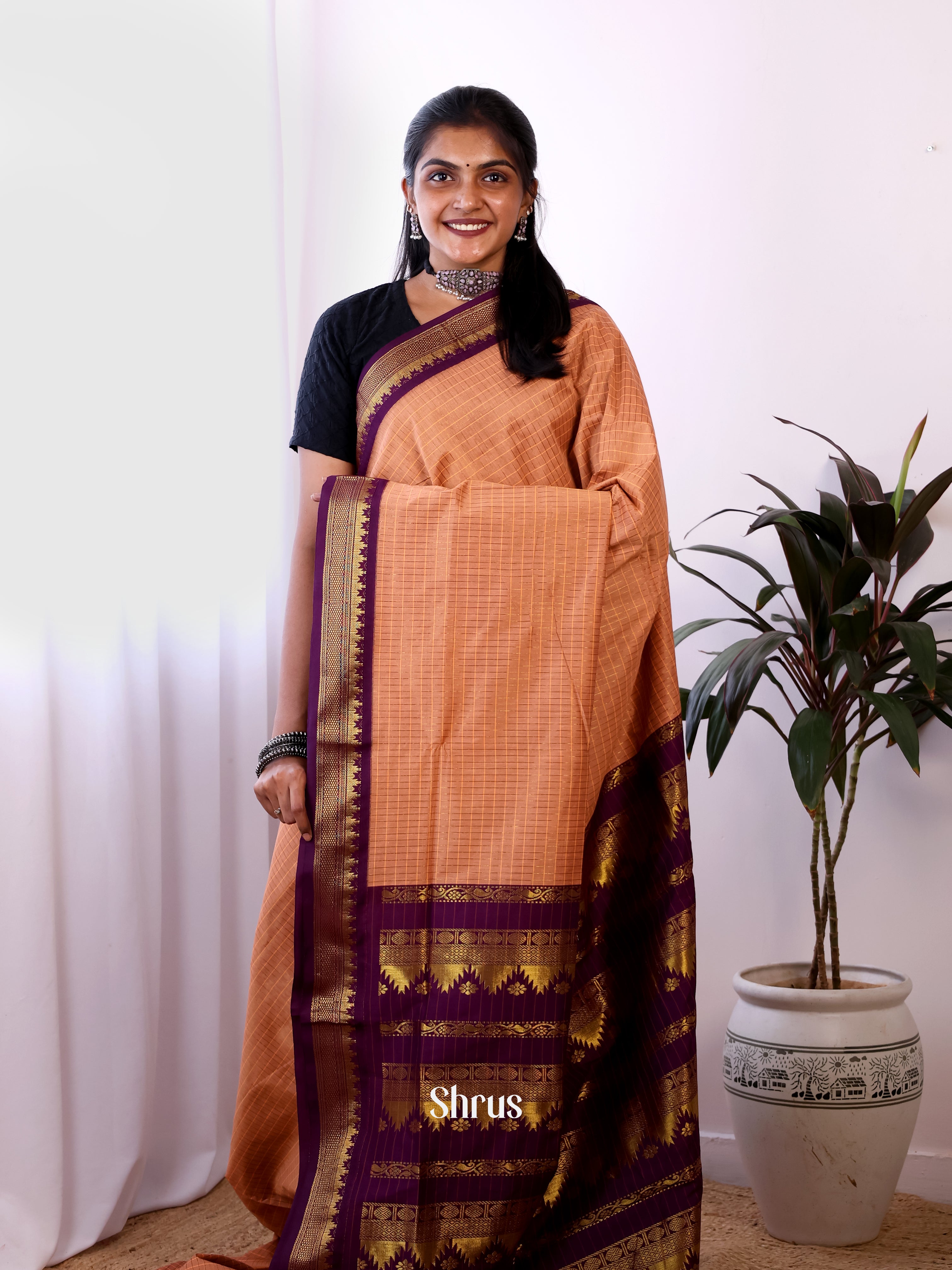 Peach & Purple - Kalyani Cotton Saree - Shop on Shrus.com