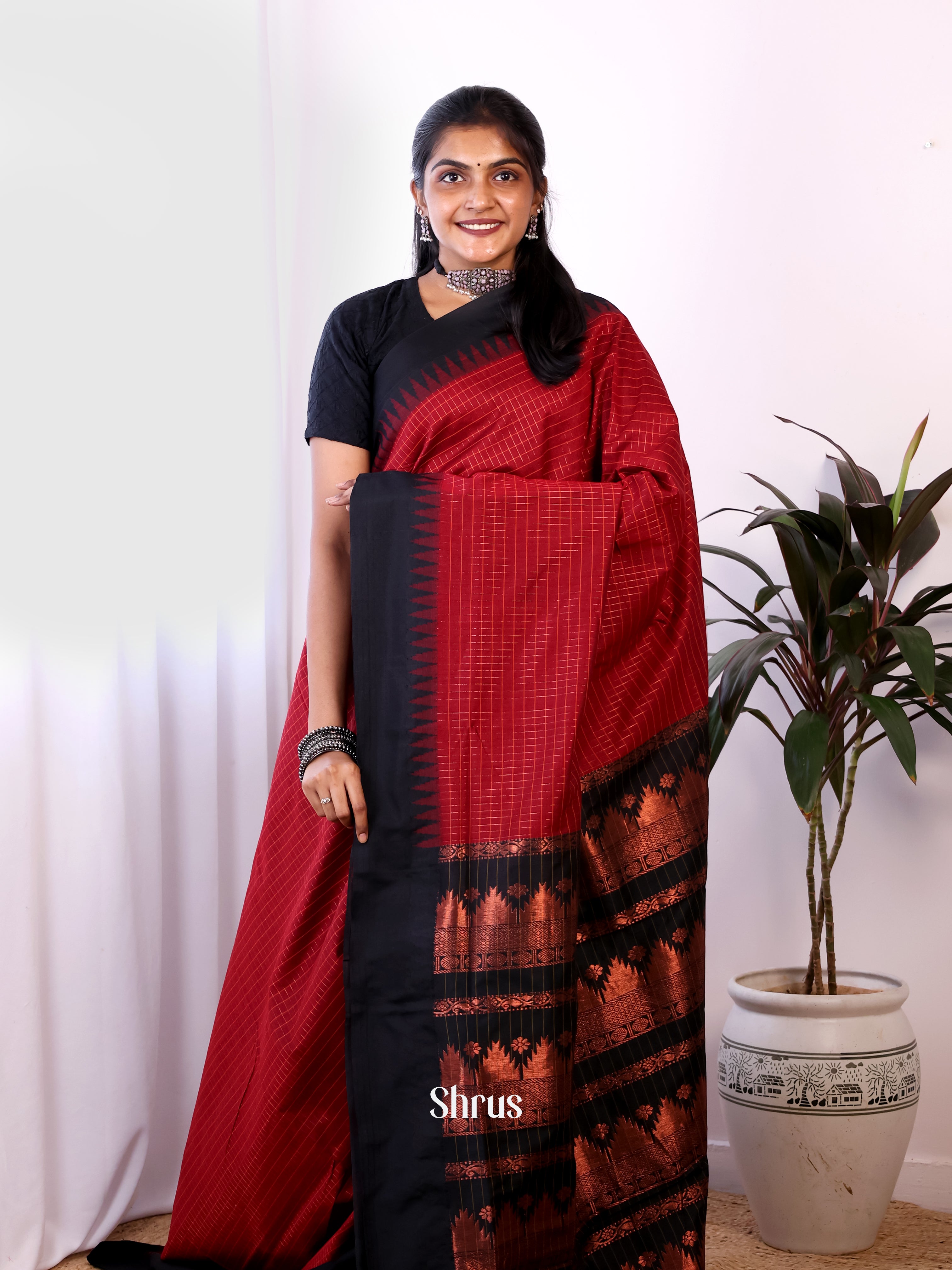 Maroon & Black- Kalyani Cotton Saree - Shop on Shrus.com
