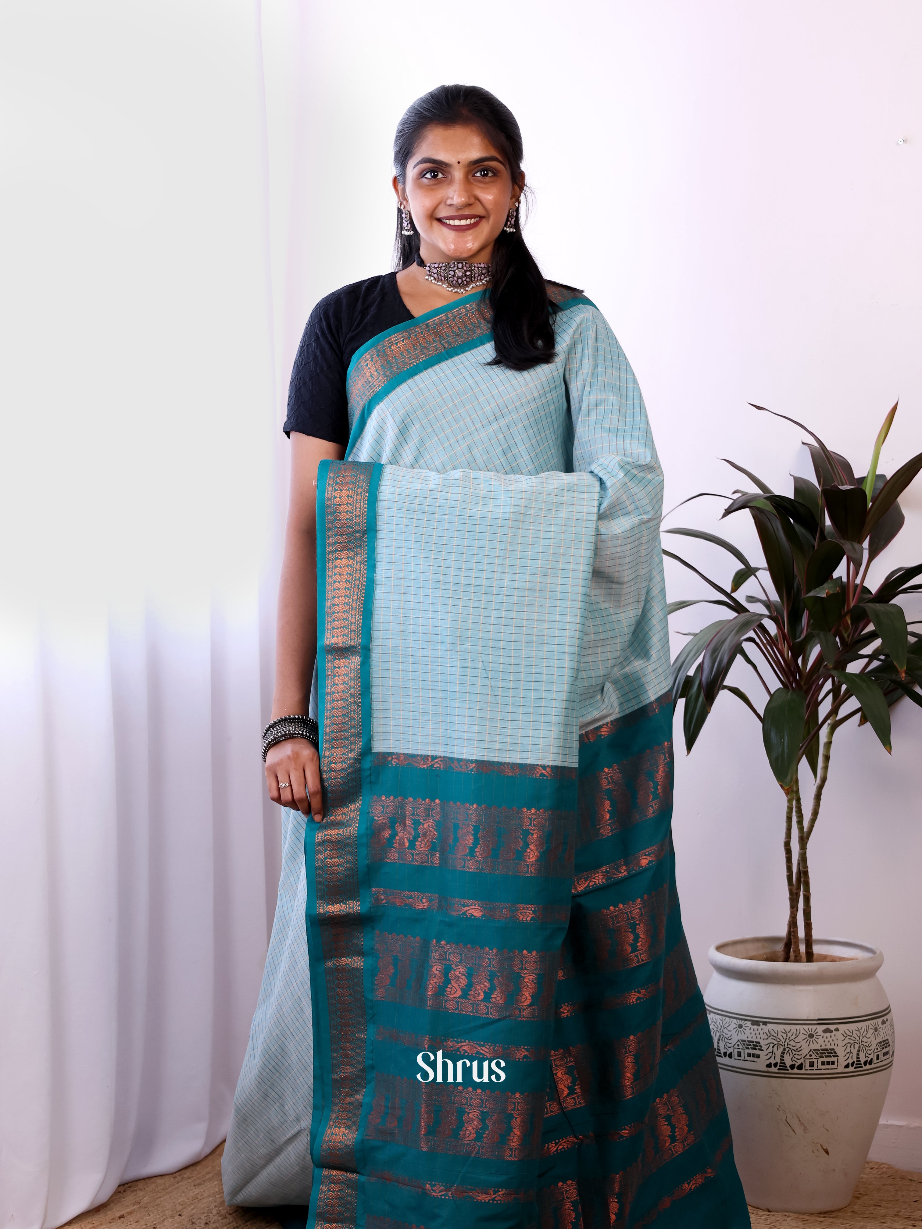 Lite Blue & Teal- Kalyani Cotton Saree - Shop on Shrus.com