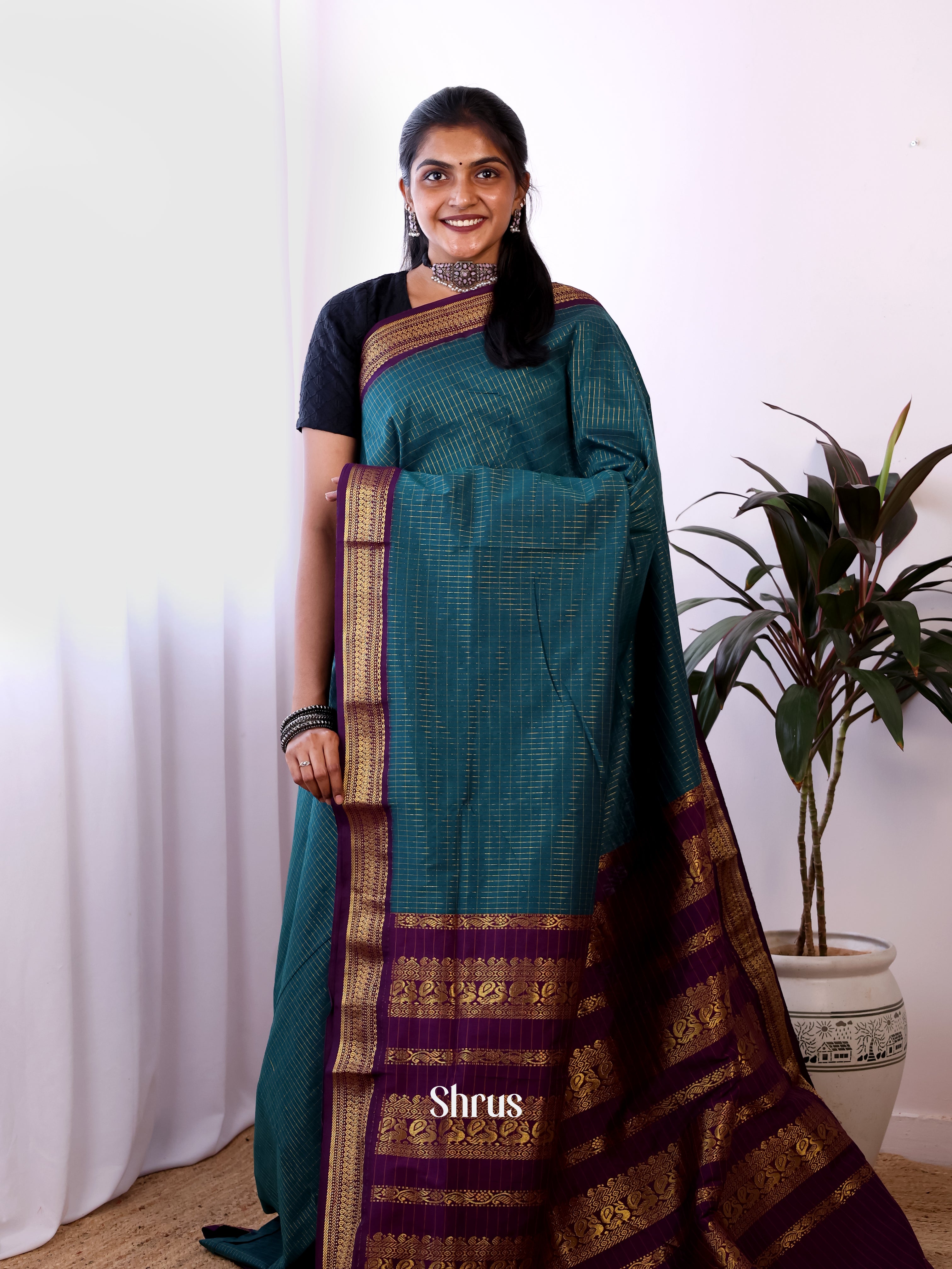 Blue & Purple- Kalyani Cotton Saree - Shop on Shrus.com