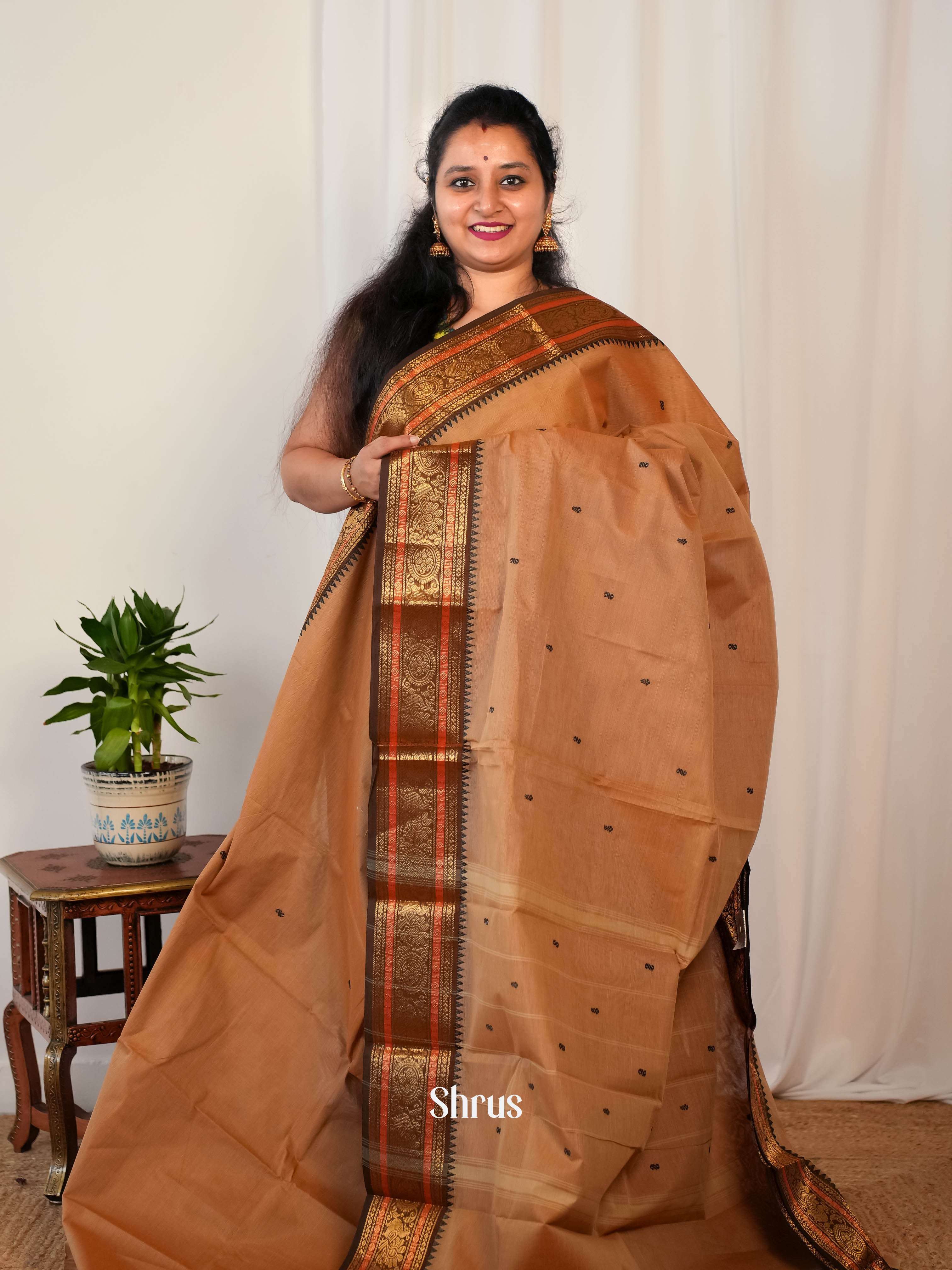 Lite & Dark Brown - Chettinad Cotton Saree - Shop on Shrus.com