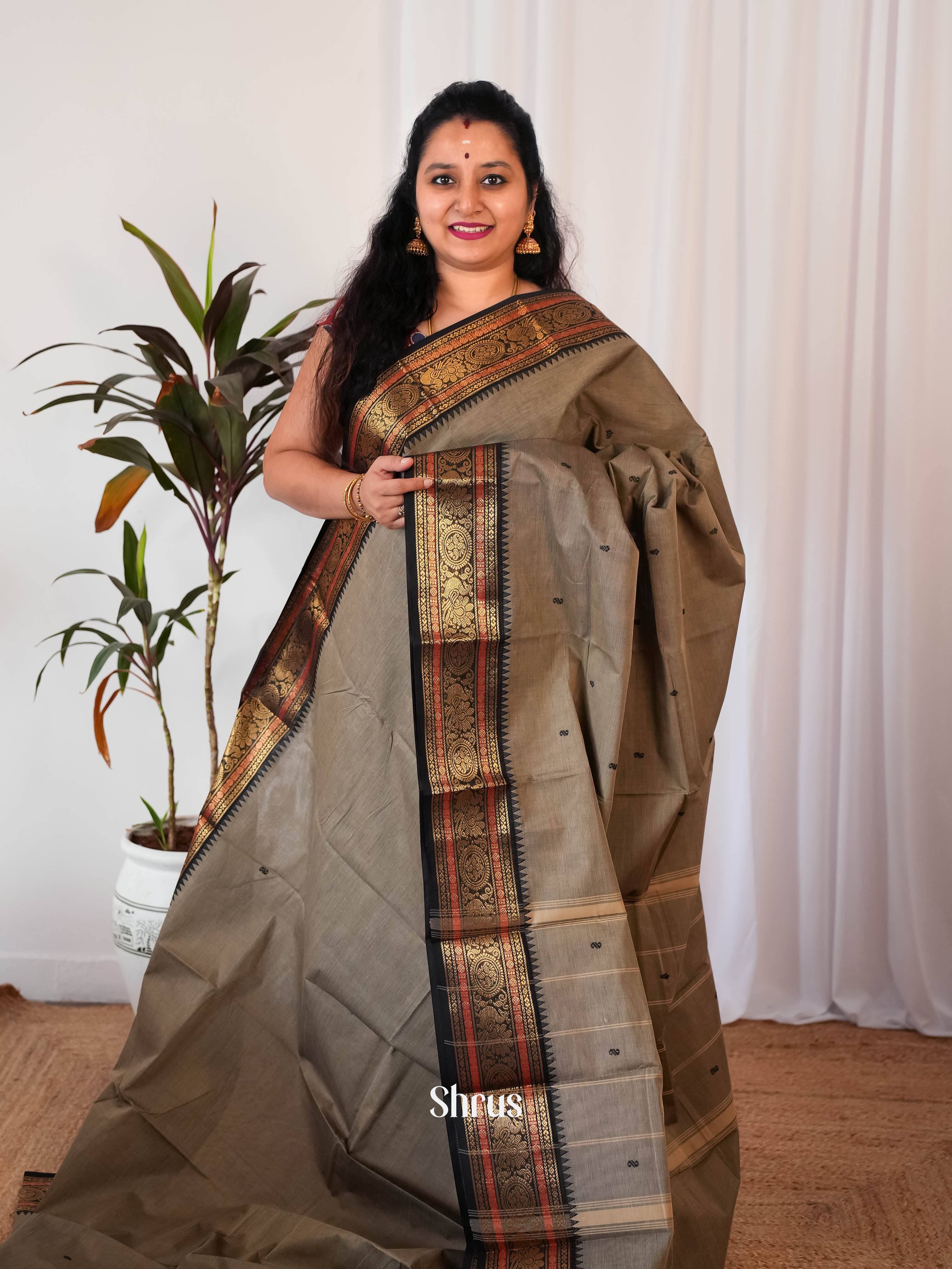 Grey & Black - Chettinad Cotton Saree - Shop on Shrus.com