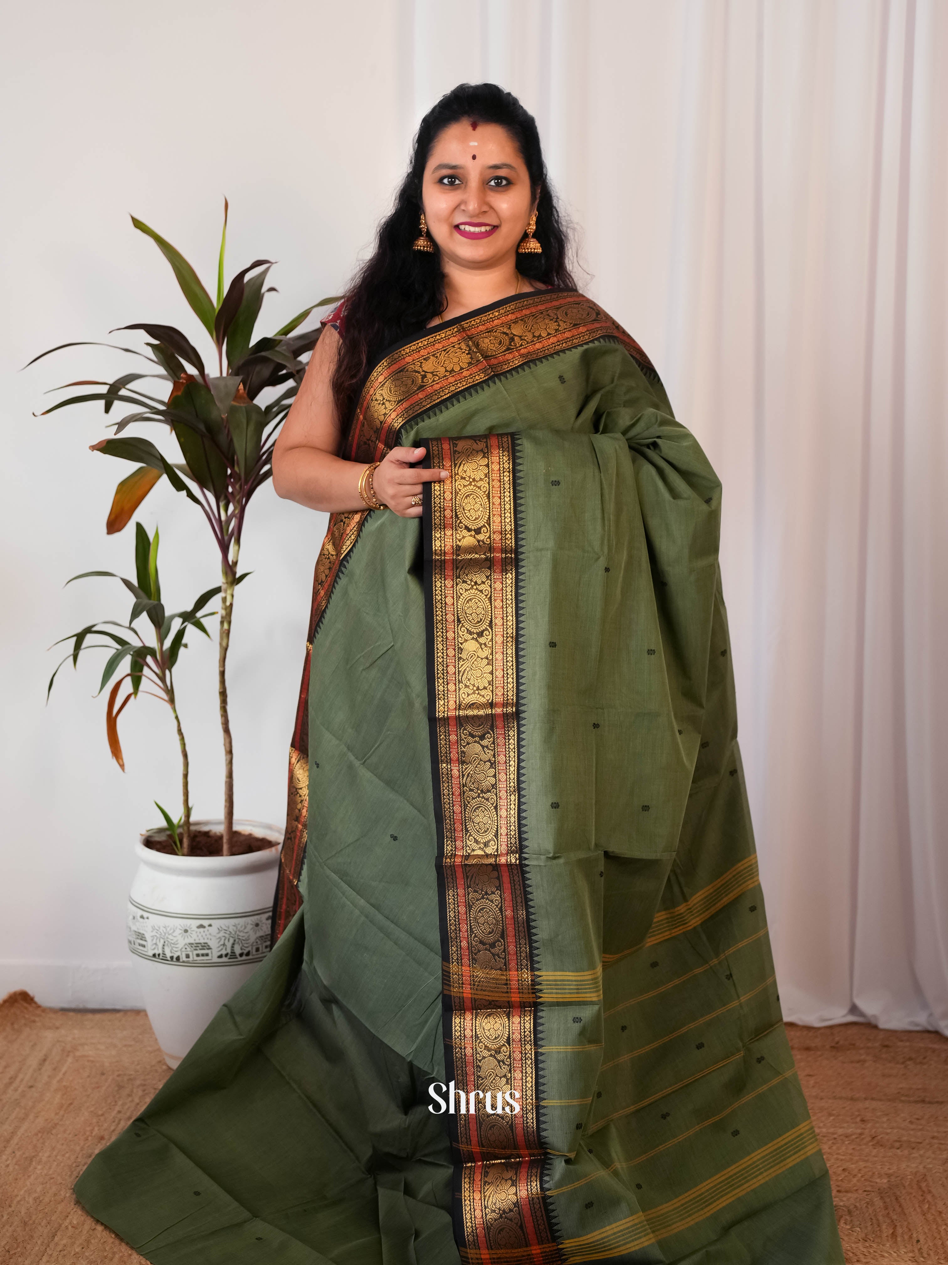Green & Black - Chettinad Cotton Saree - Shop on Shrus.com