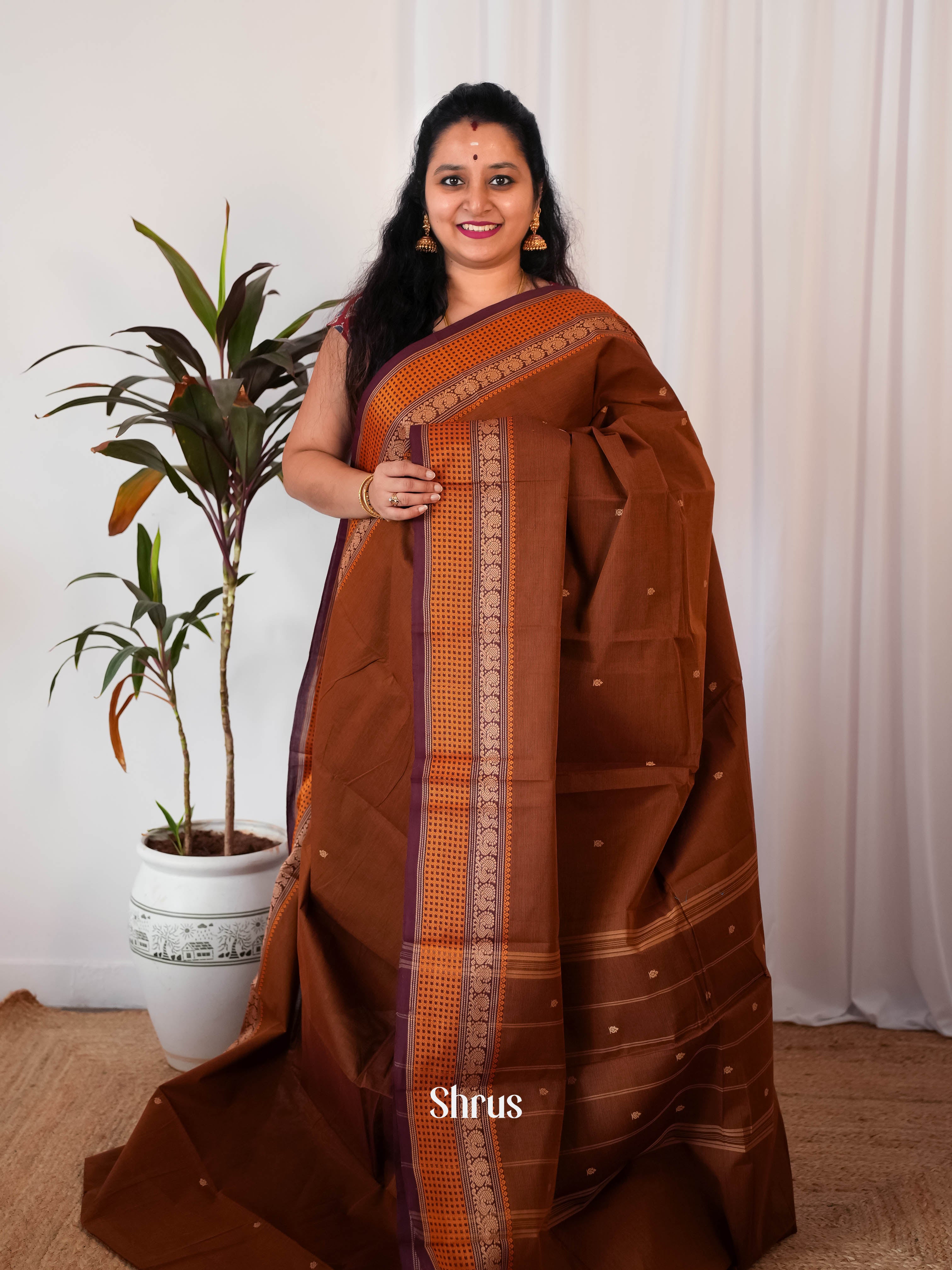 Brown & Coffee Brown - Chettinad Cotton Saree - Shop on Shrus.com