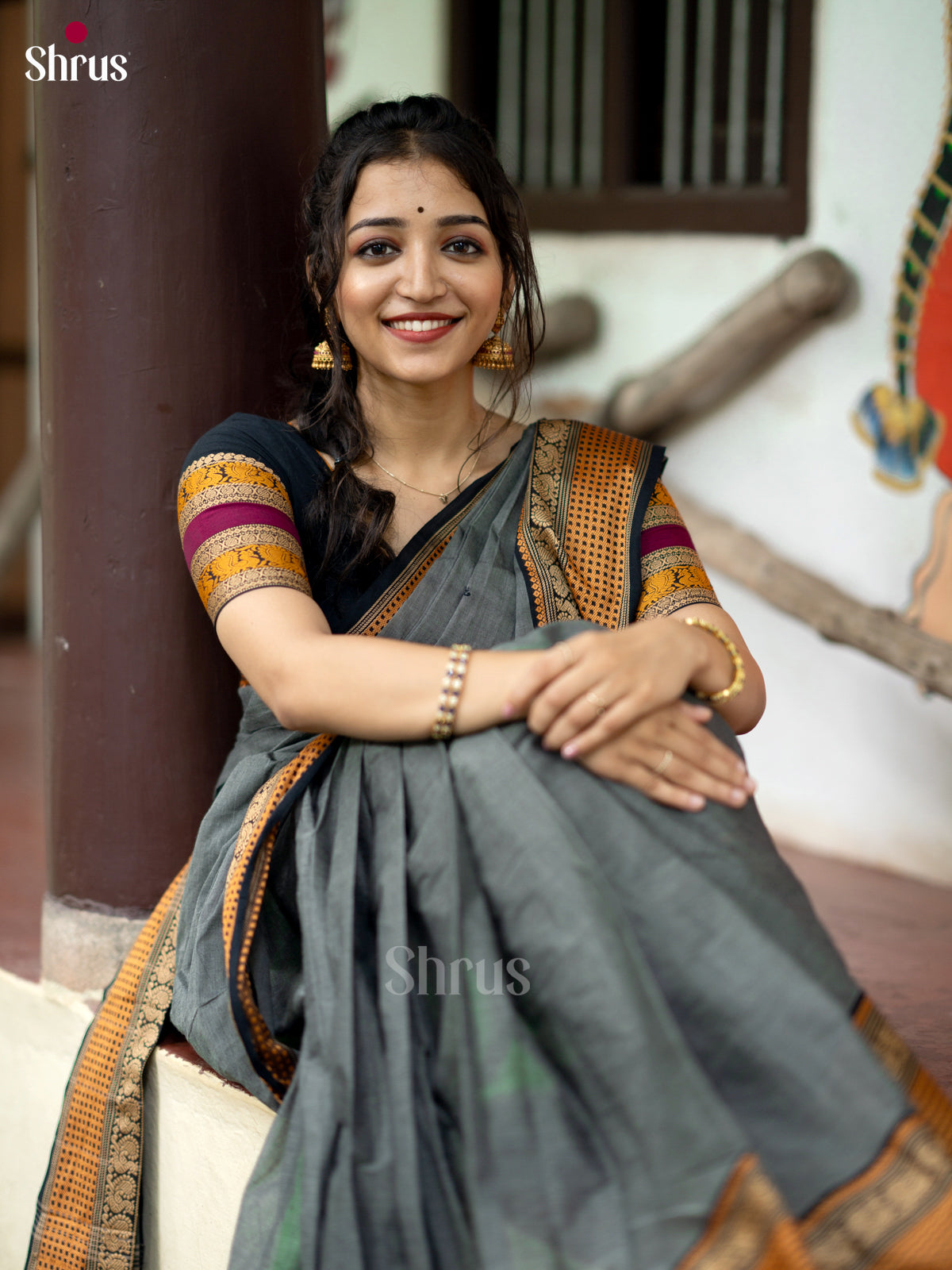 Grey & Black- Chettinad Cotton Saree - Shop on Shrus.com