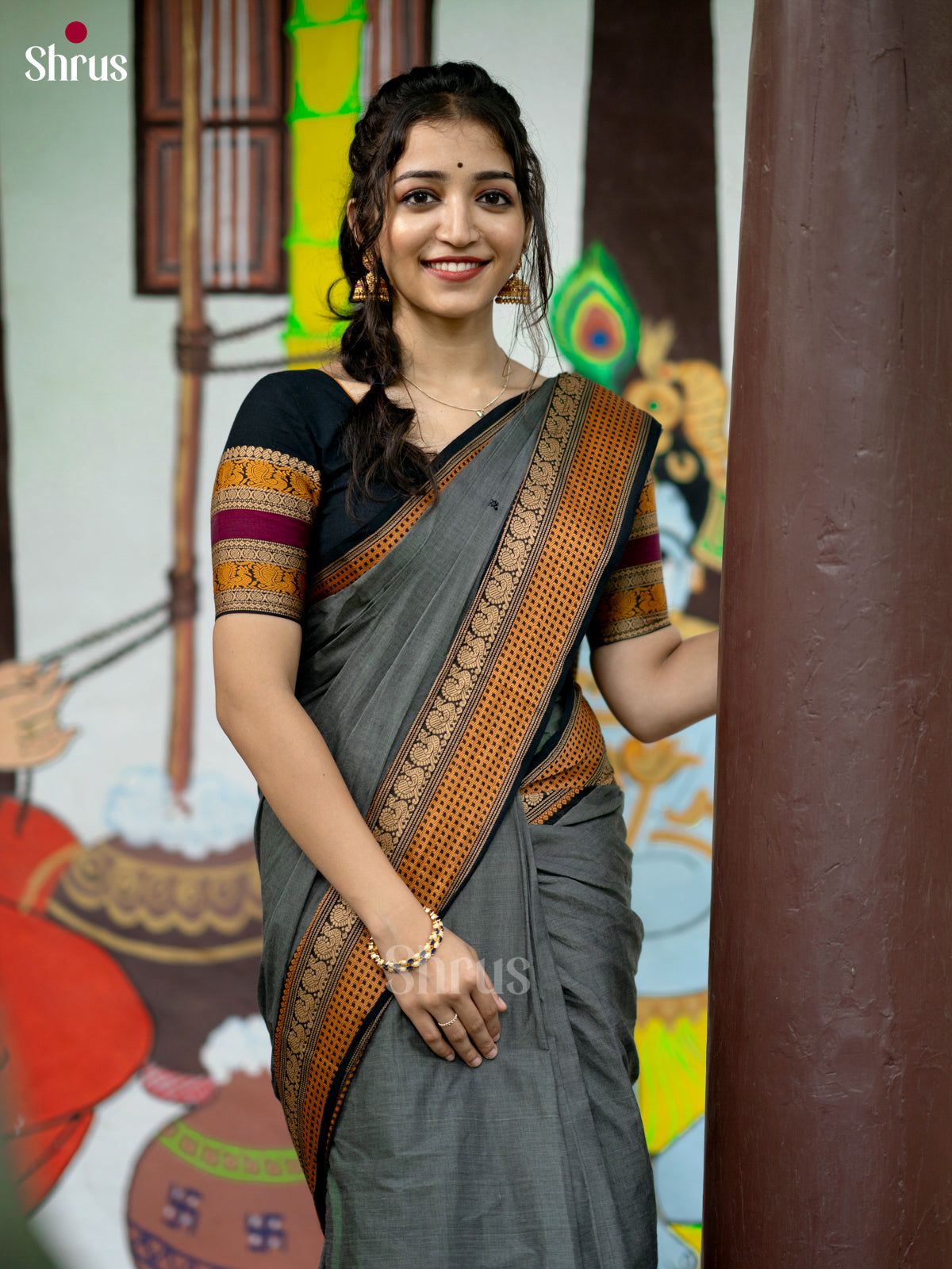 Grey & Black- Chettinad Cotton Saree - Shop on Shrus.com