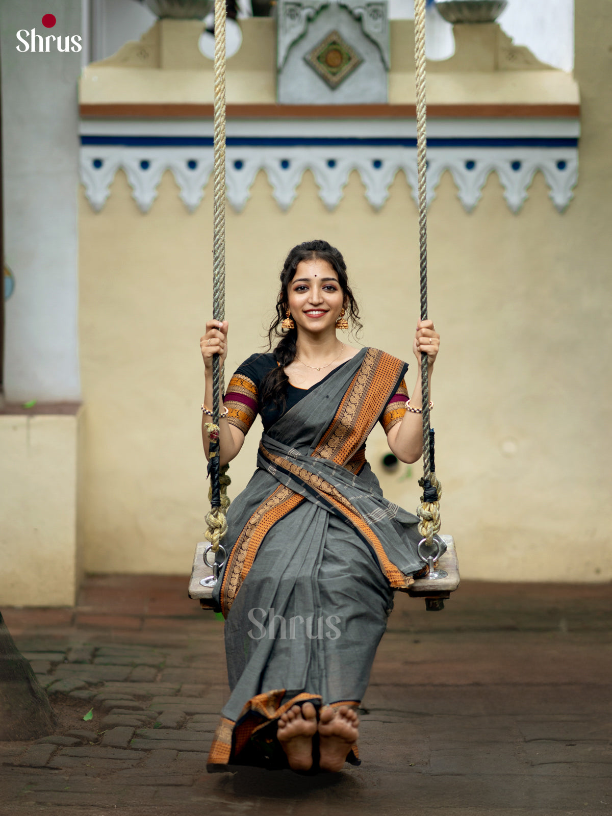 Grey & Black- Chettinad Cotton Saree - Shop on Shrus.com