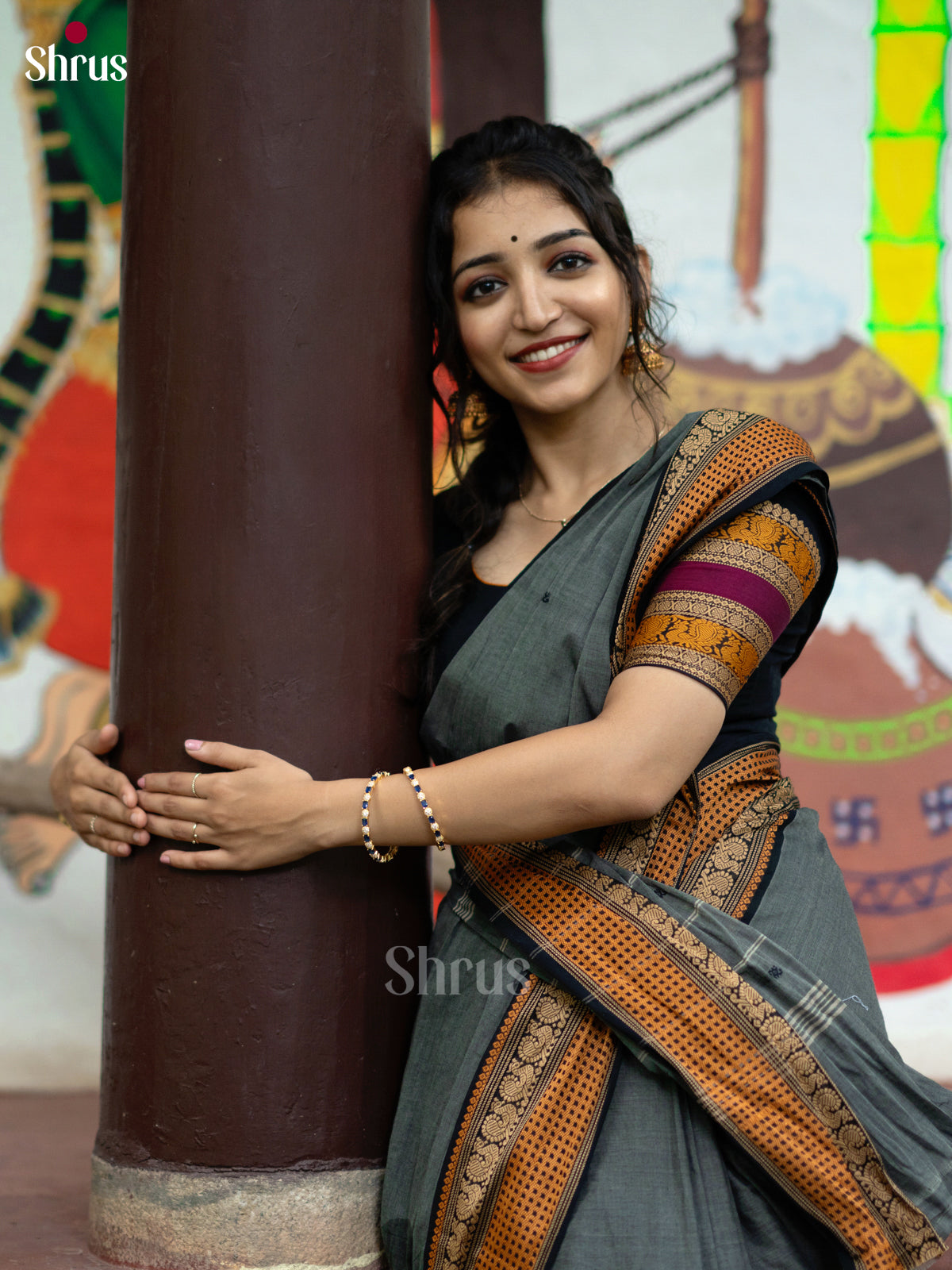 Grey & Black- Chettinad Cotton Saree - Shop on Shrus.com