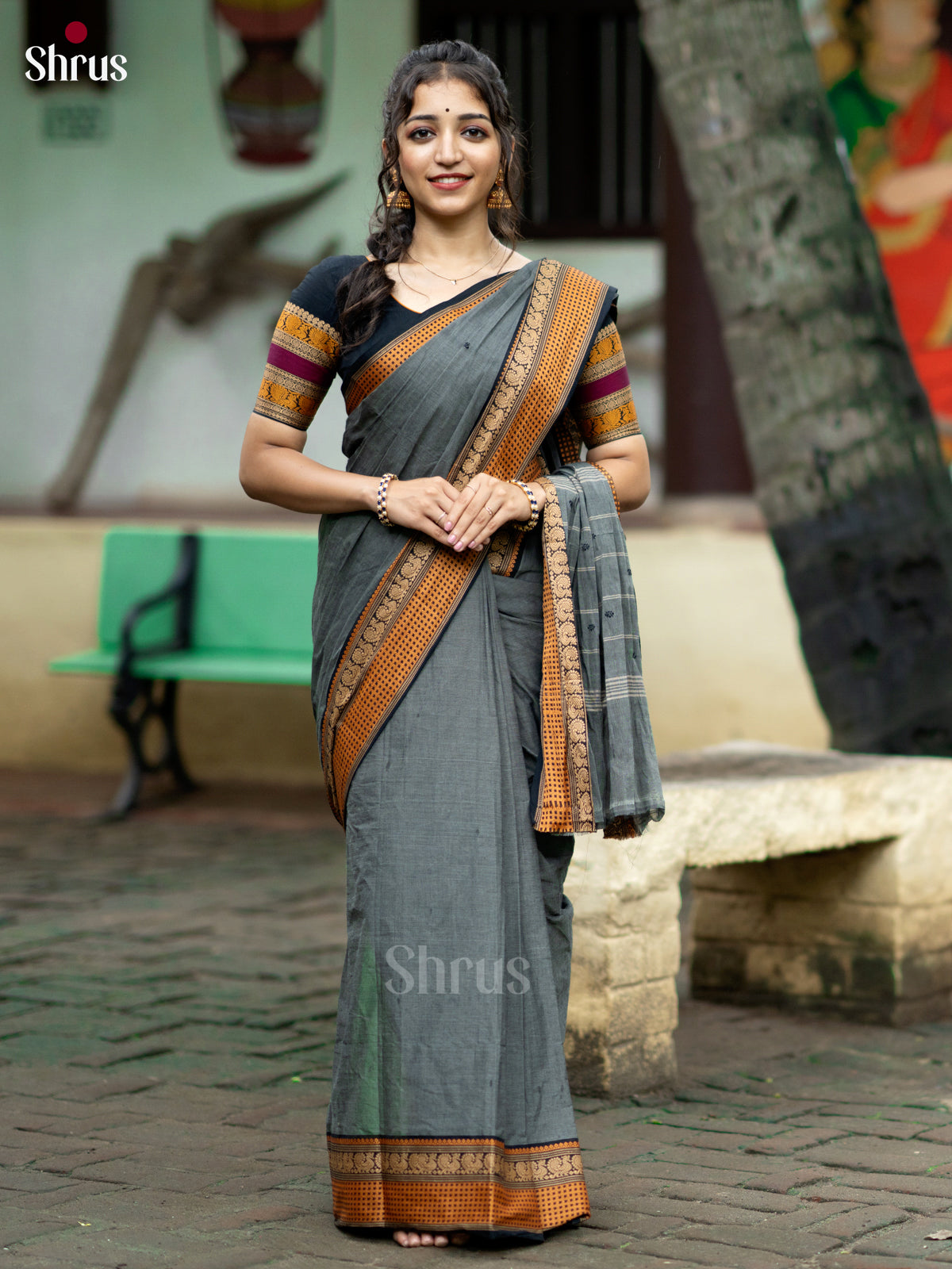 Grey & Black- Chettinad Cotton Saree - Shop on Shrus.com