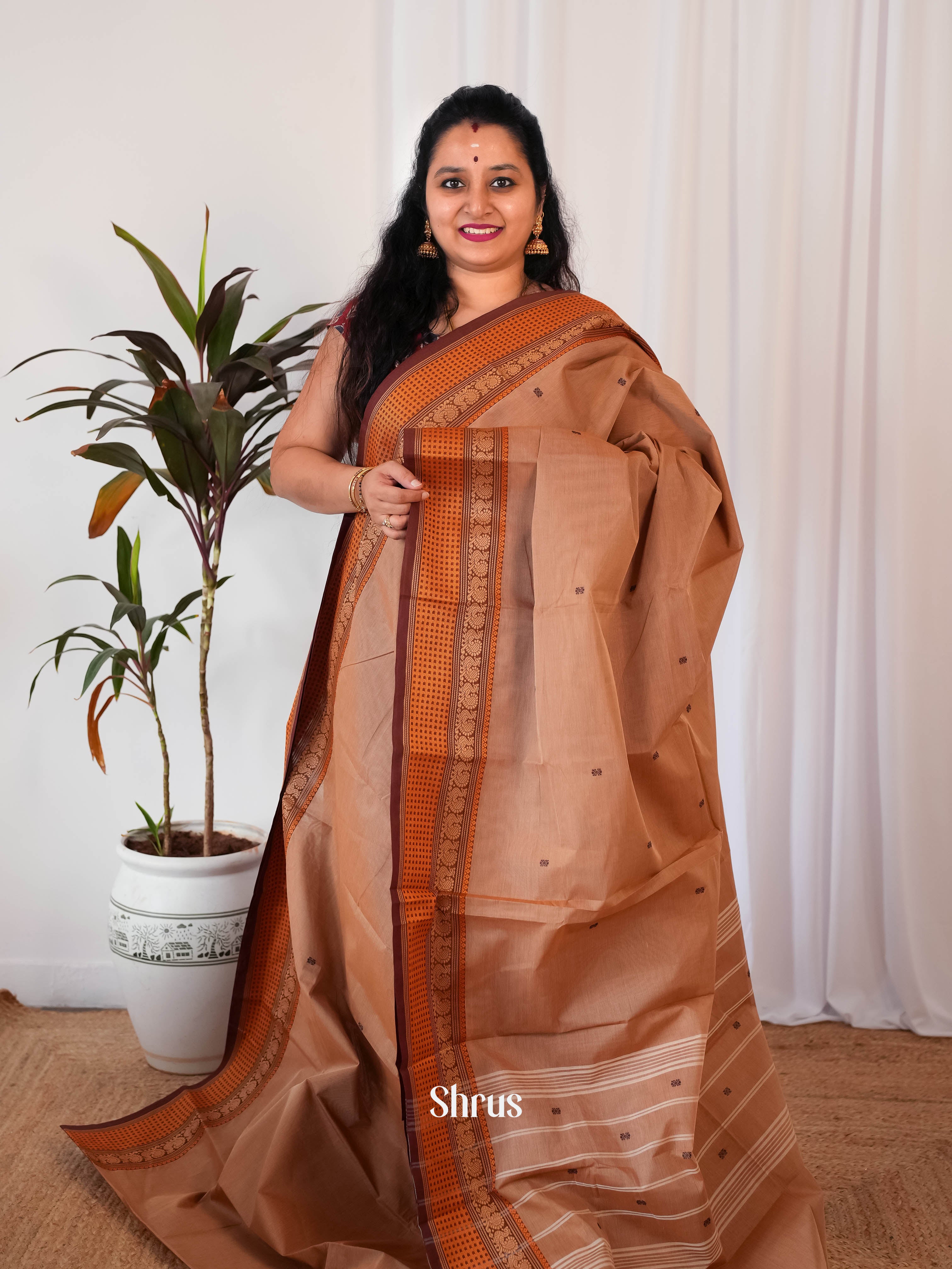 Lite Brown & Brown - Chettinad Cotton Saree - Shop on Shrus.com
