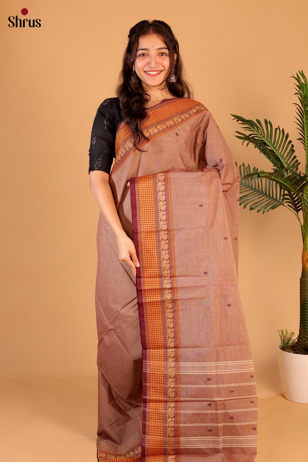 Grey & Brown- Chettinad Cotton Saree - Shop on Shrus.com