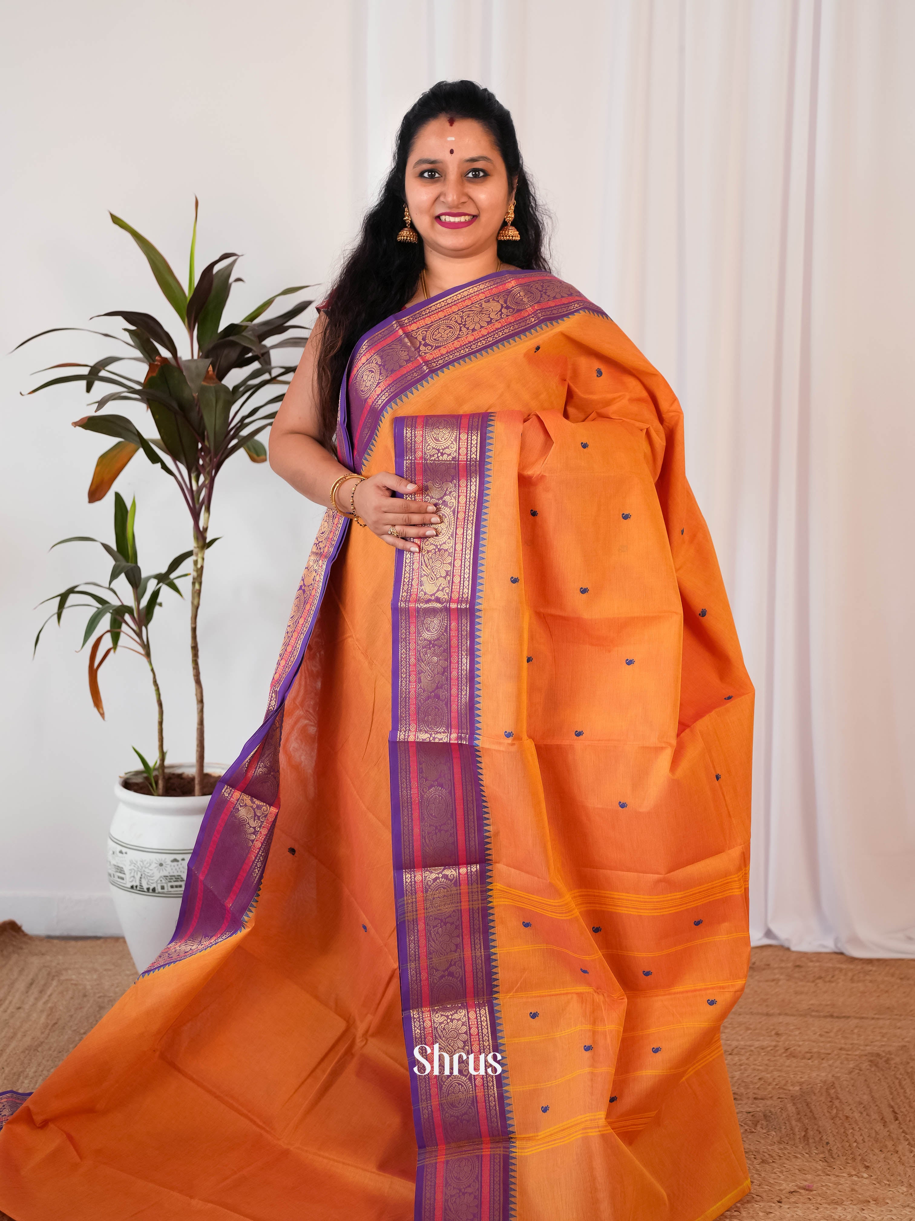 Orange & Purple - Chettinad Cotton Saree - Shop on Shrus.com