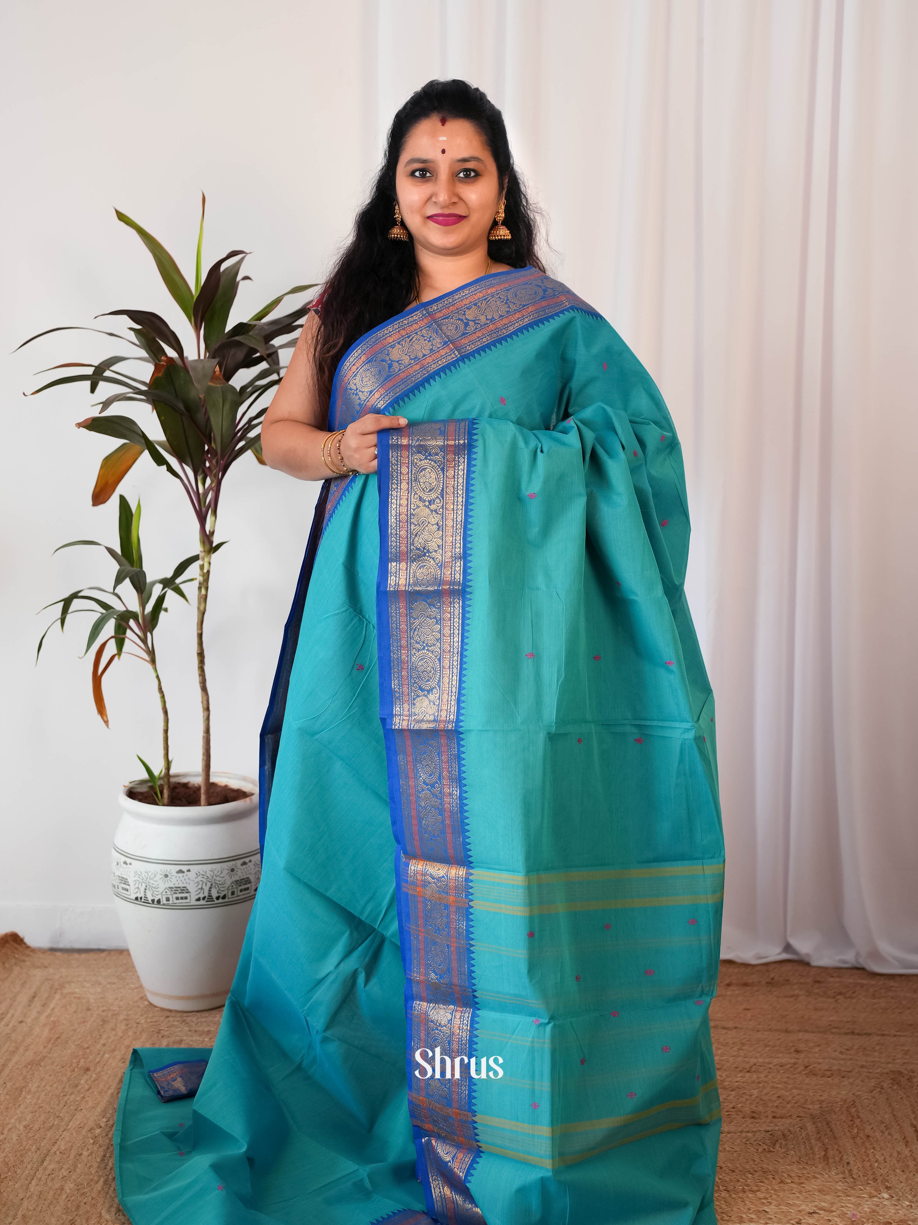 Teal & Blue - Chettinad Cotton Saree - Shop on Shrus.com