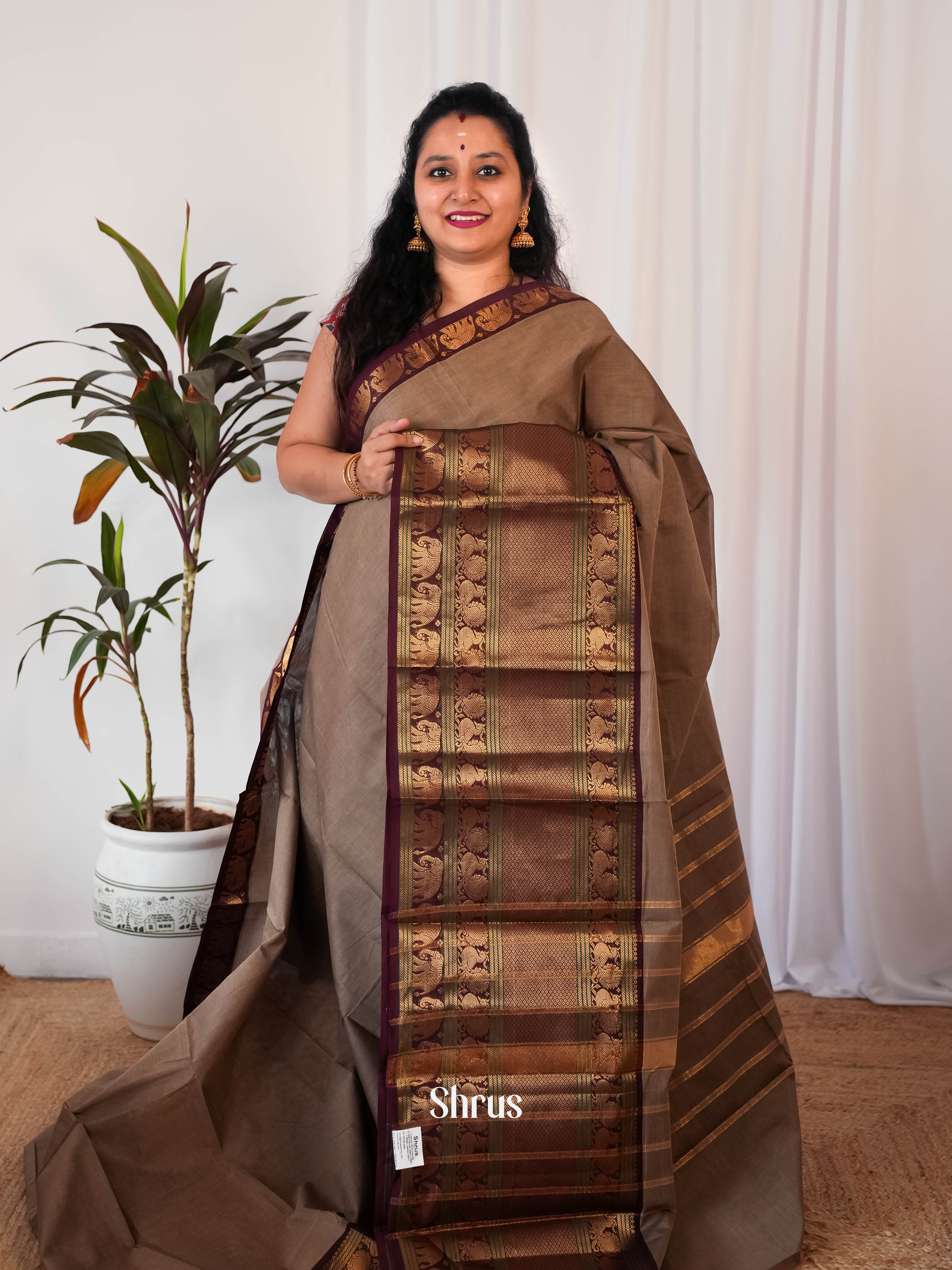 Grey & Brown- Narayanpet Cotton Saree - Shop on Shrus.com