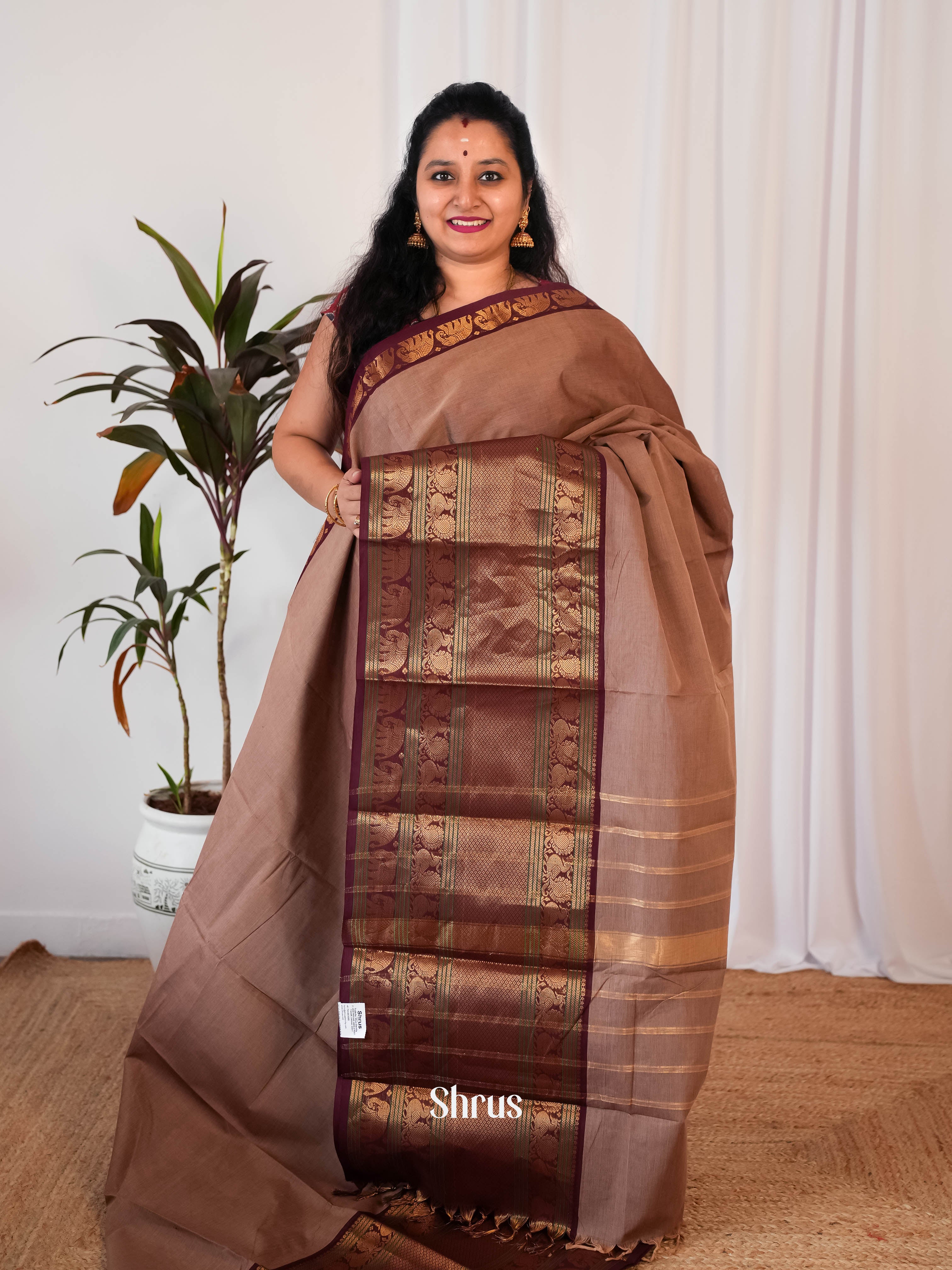 Lite Brown & Brown- Narayanpet Cotton Saree - Shop on Shrus.com