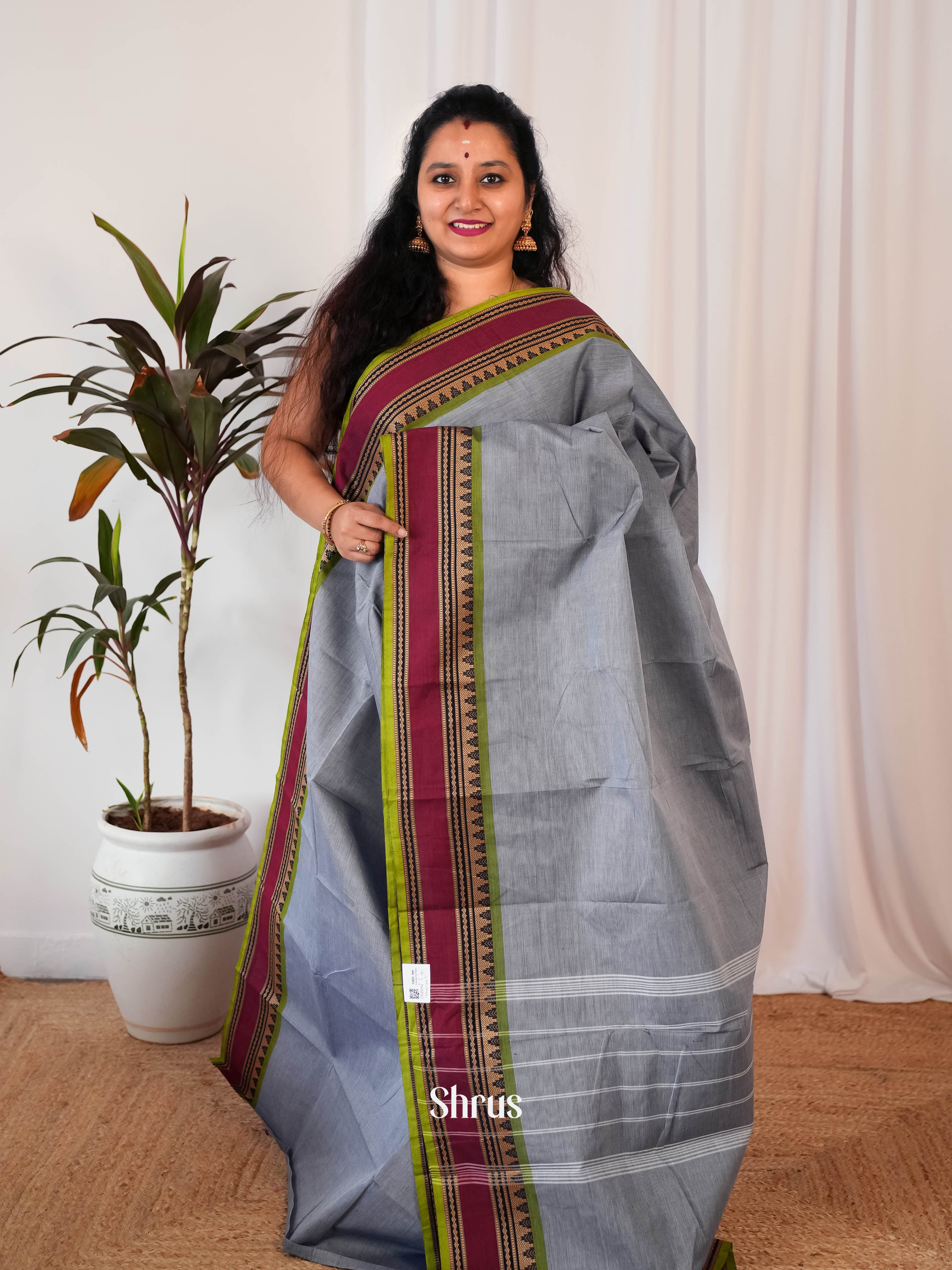 Grey & Green - Chettinad Cotton Saree - Shop on Shrus.com