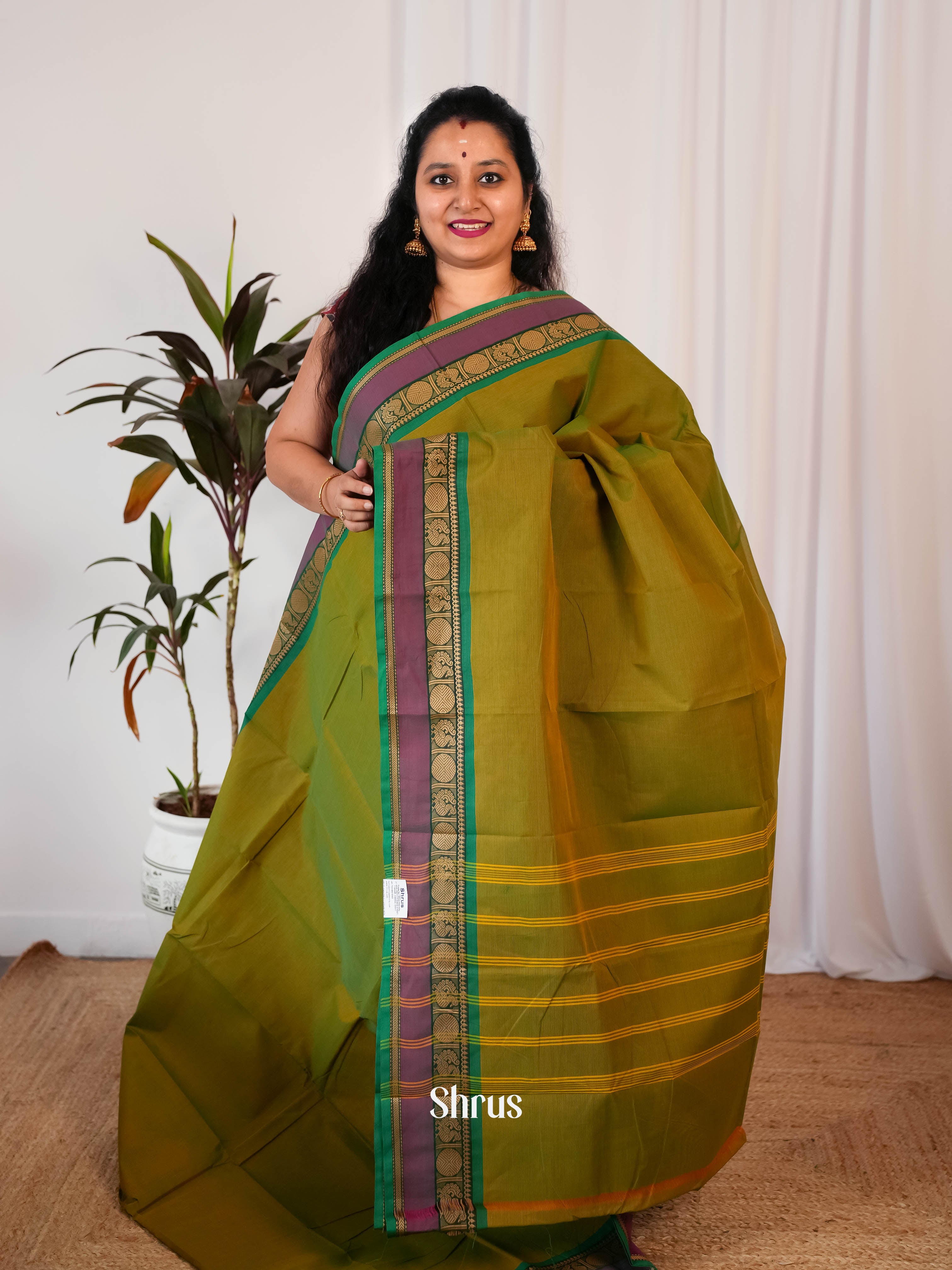 Mustardy Green & Green - Chettinad Cotton Saree - Shop on Shrus.com