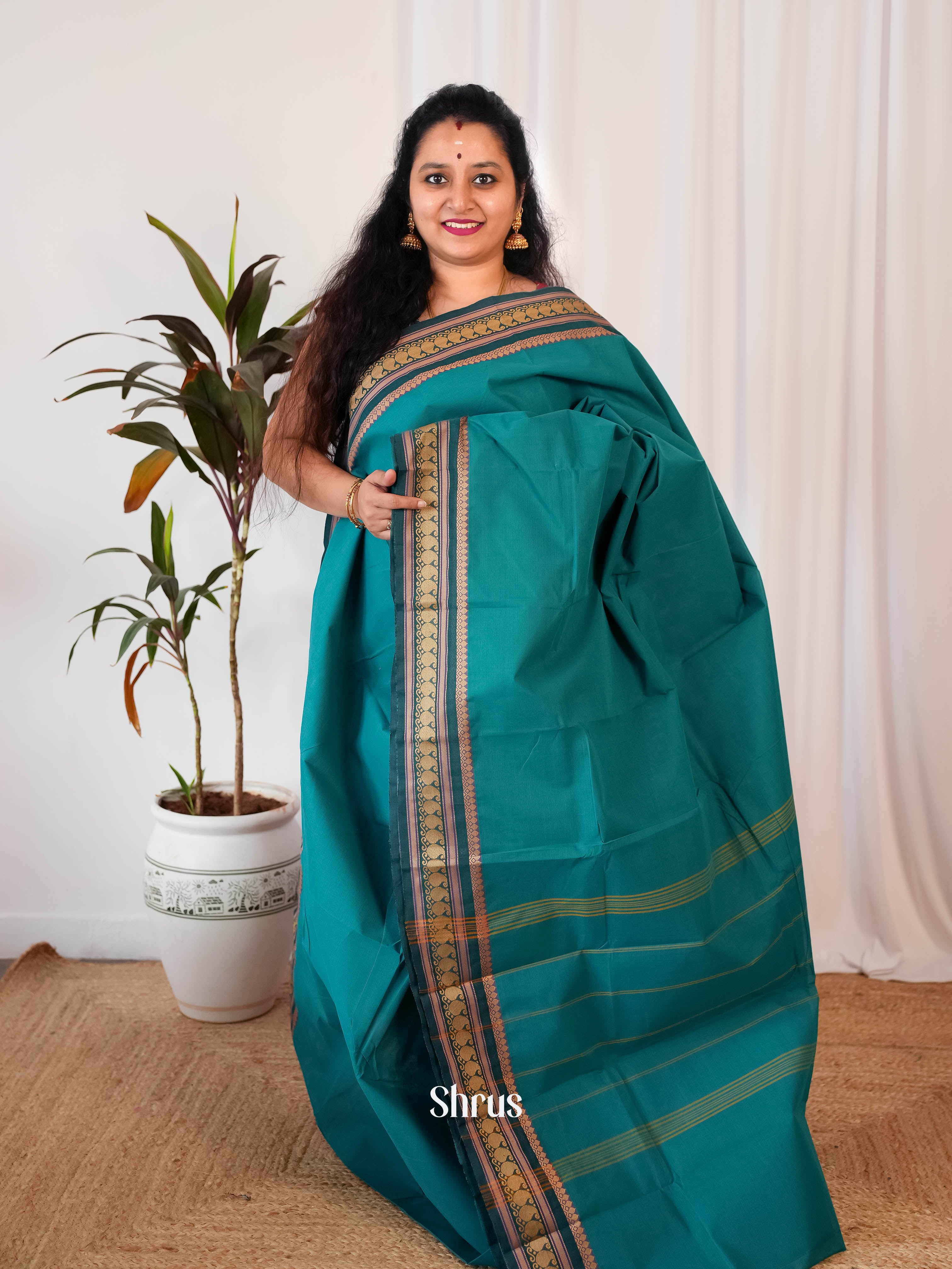 Teal & Blue - Chettinad Cotton Saree - Shop on Shrus.com