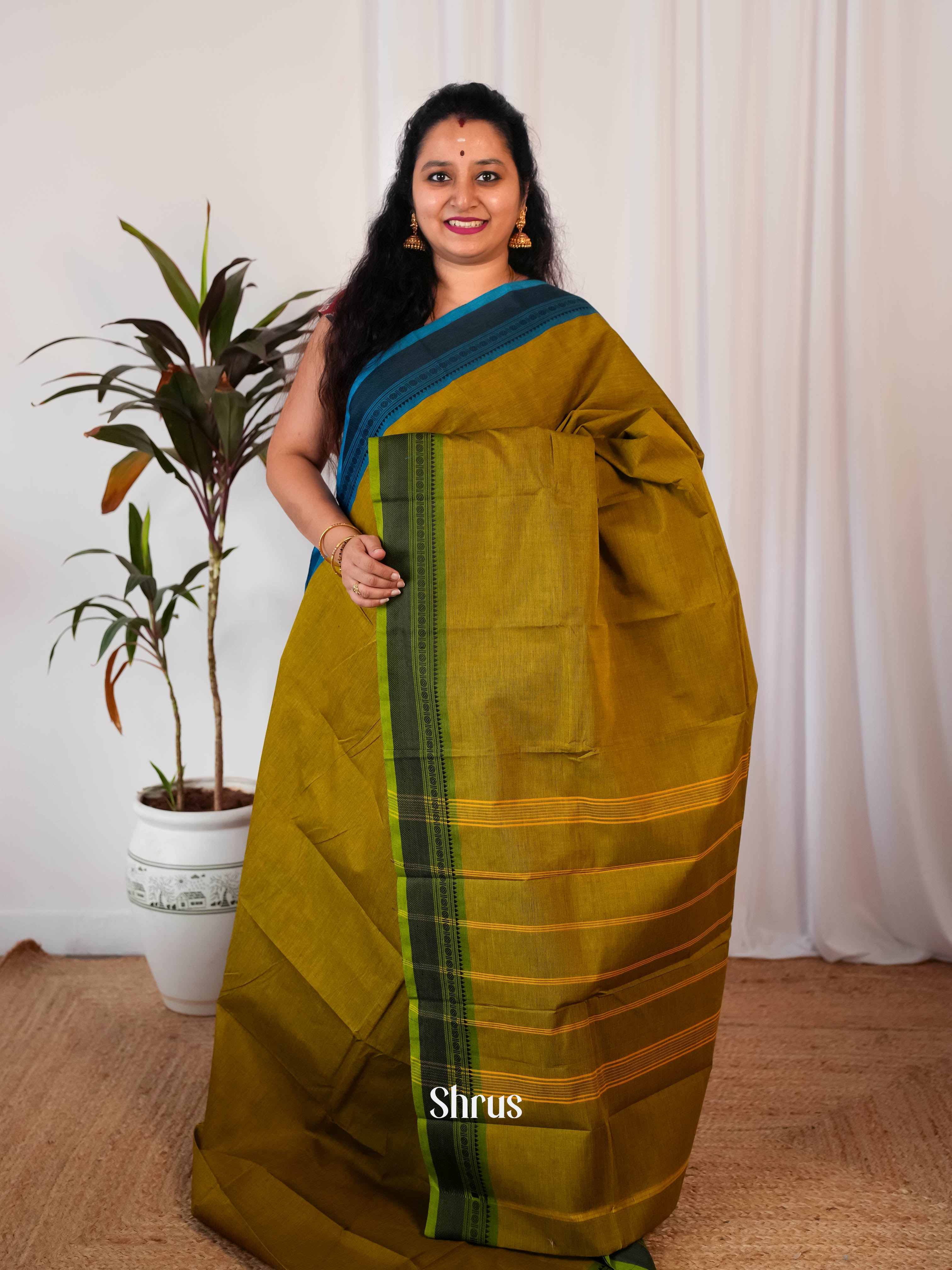 Mehandi Green & Blue - Chettinad Cotton Saree - Shop on Shrus.com