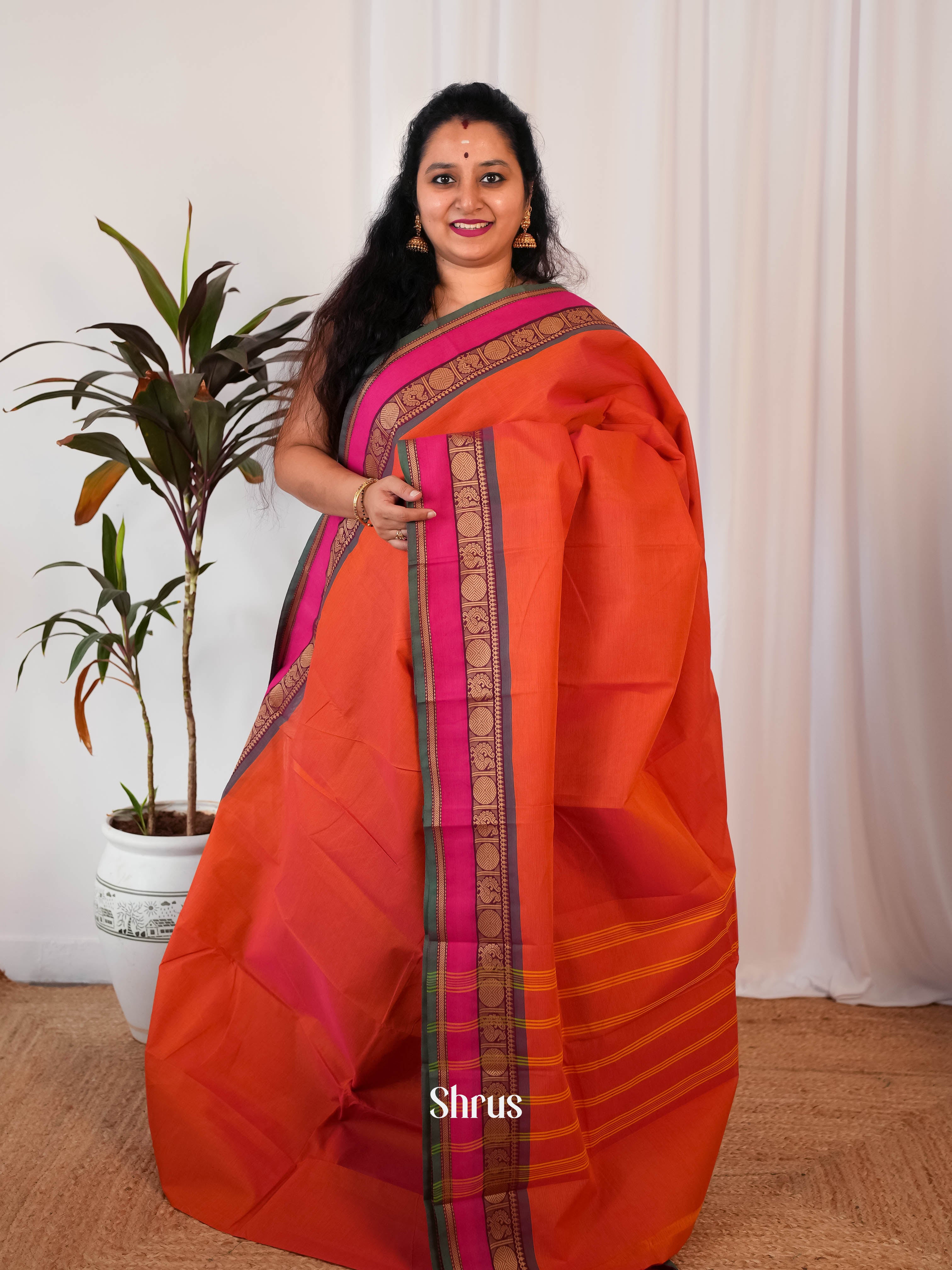 Orange & Green - Chettinad Cotton Saree - Shop on Shrus.com