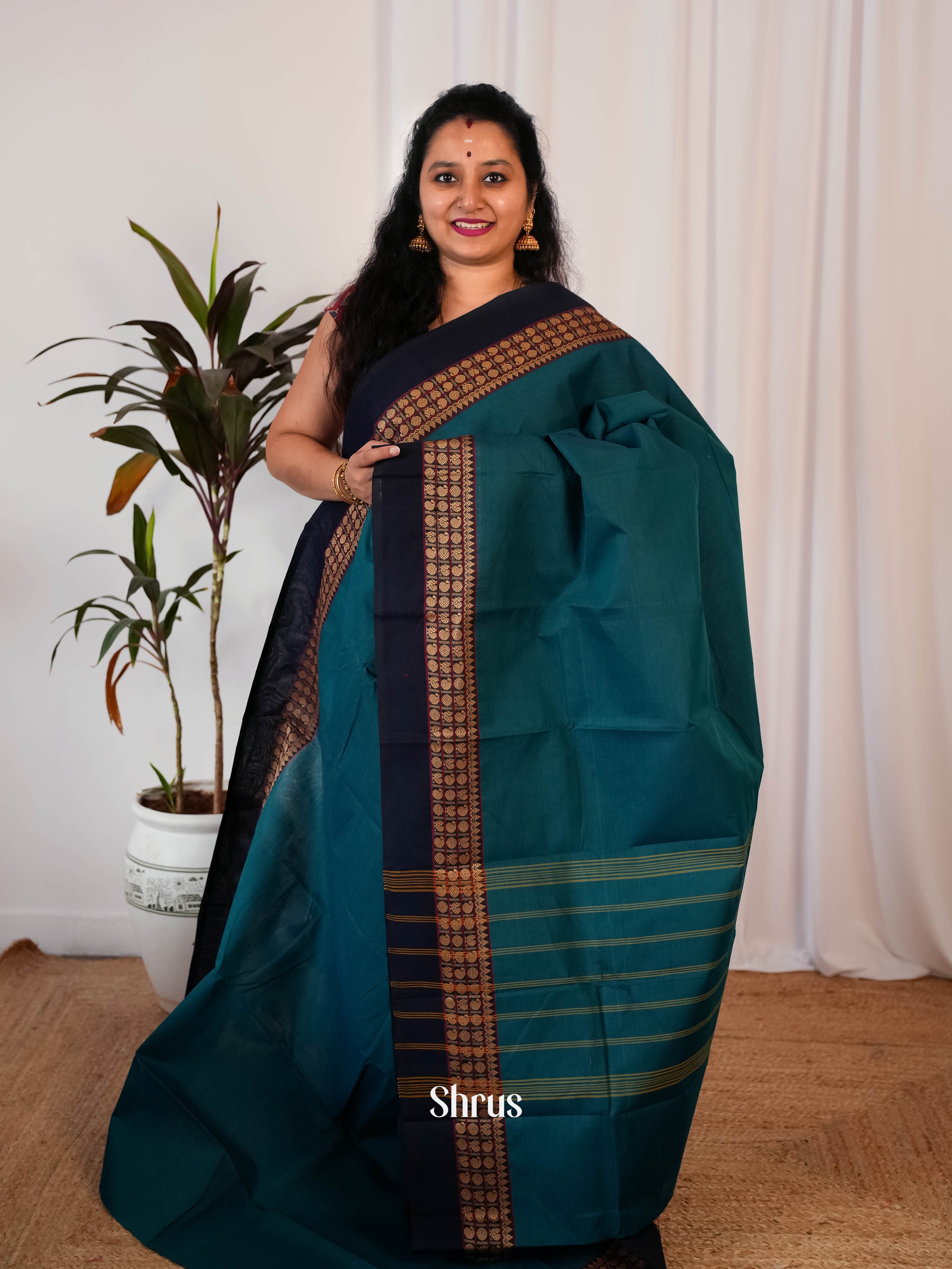 Peacock Blue & Navy Blue - Chettinad Cotton Saree - Shop on Shrus.com