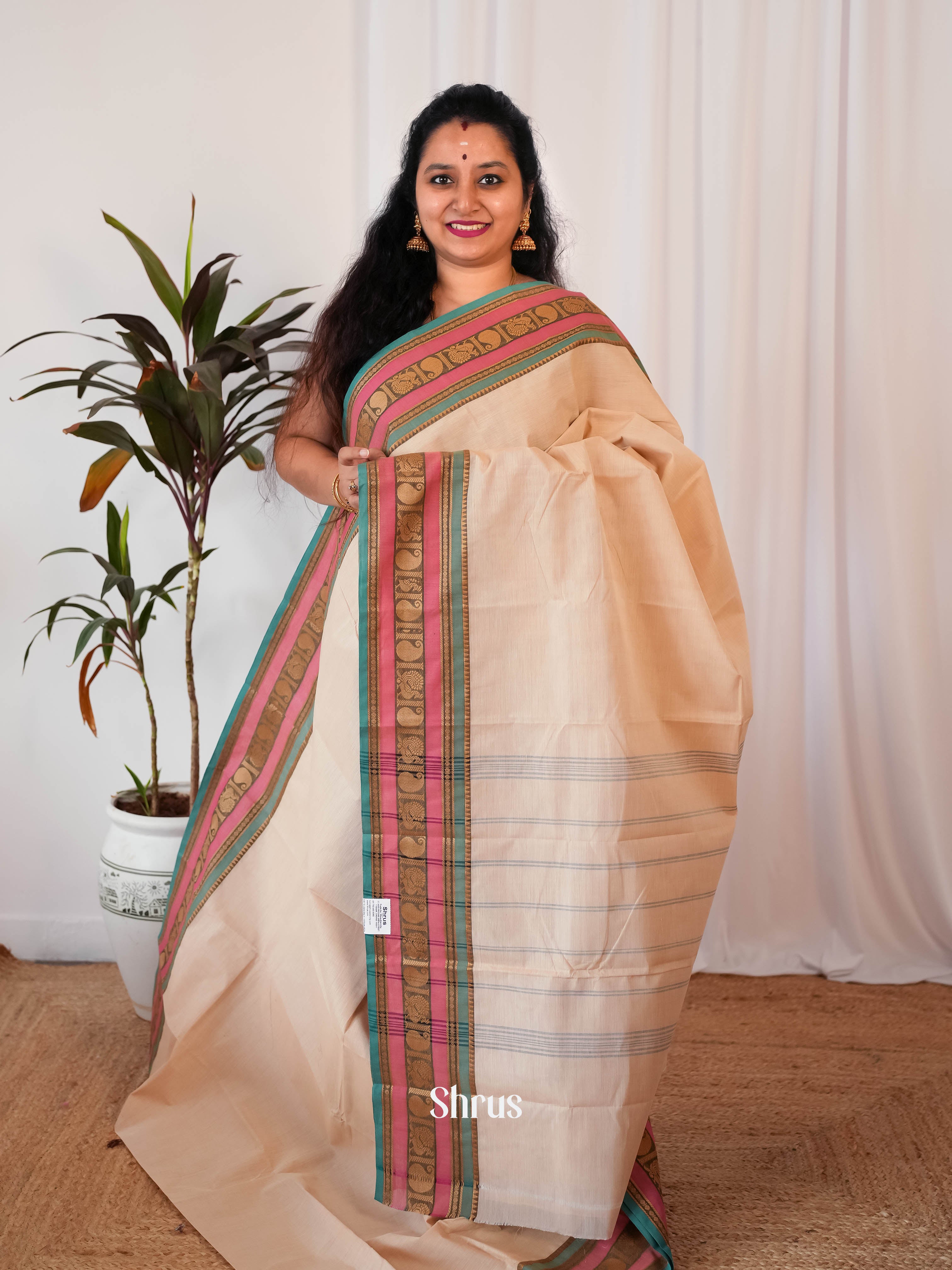 Cream & Blue - Chettinad Cotton Saree - Shop on Shrus.com