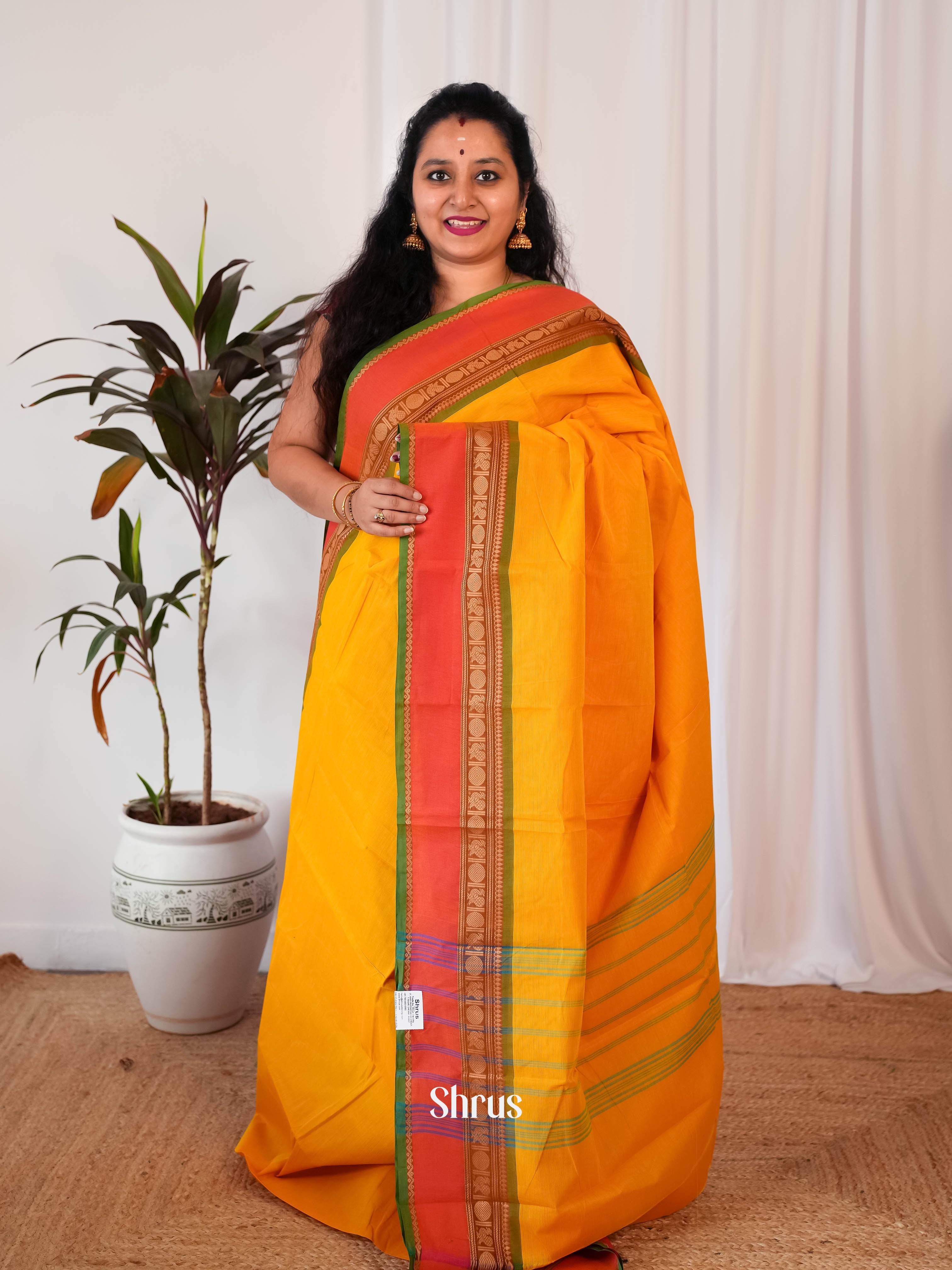 Mambazha Yellow & Green- Chettinad Cotton Saree - Shop on Shrus.com