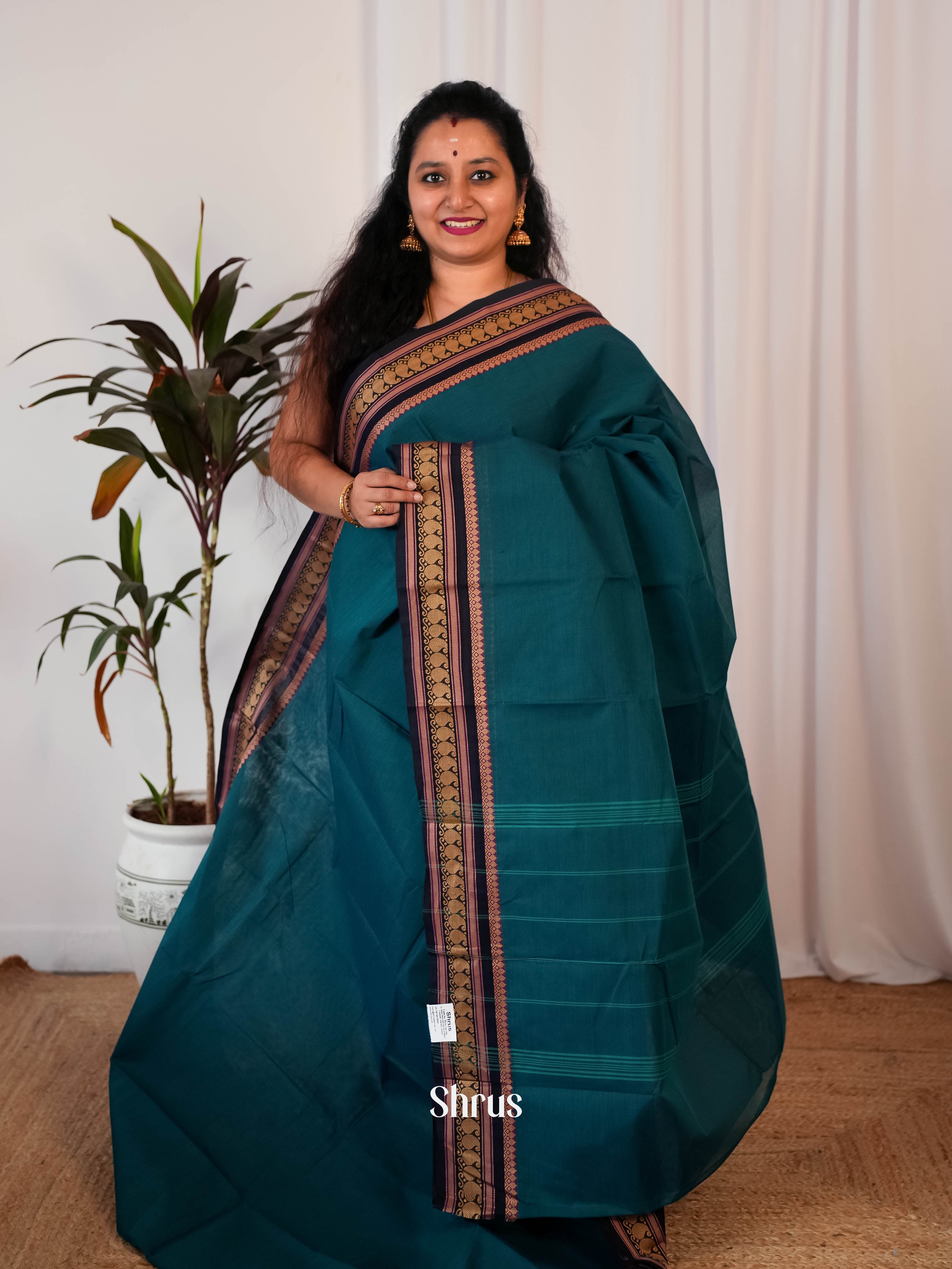 Peacock Blue & Blue- Chettinad Cotton Saree - Shop on Shrus.com