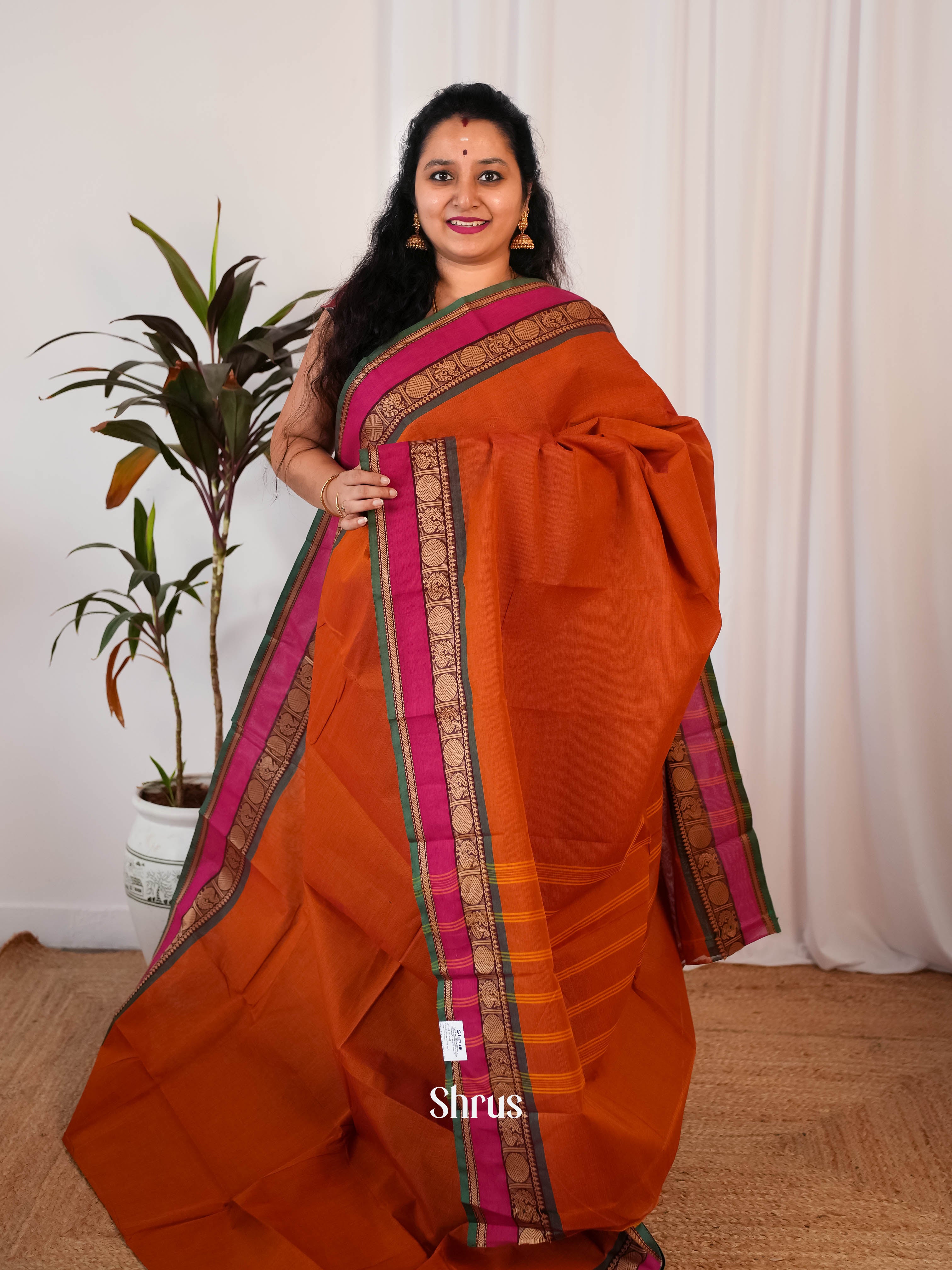 Orange & Green - Chettinad Cotton Saree - Shop on Shrus.com