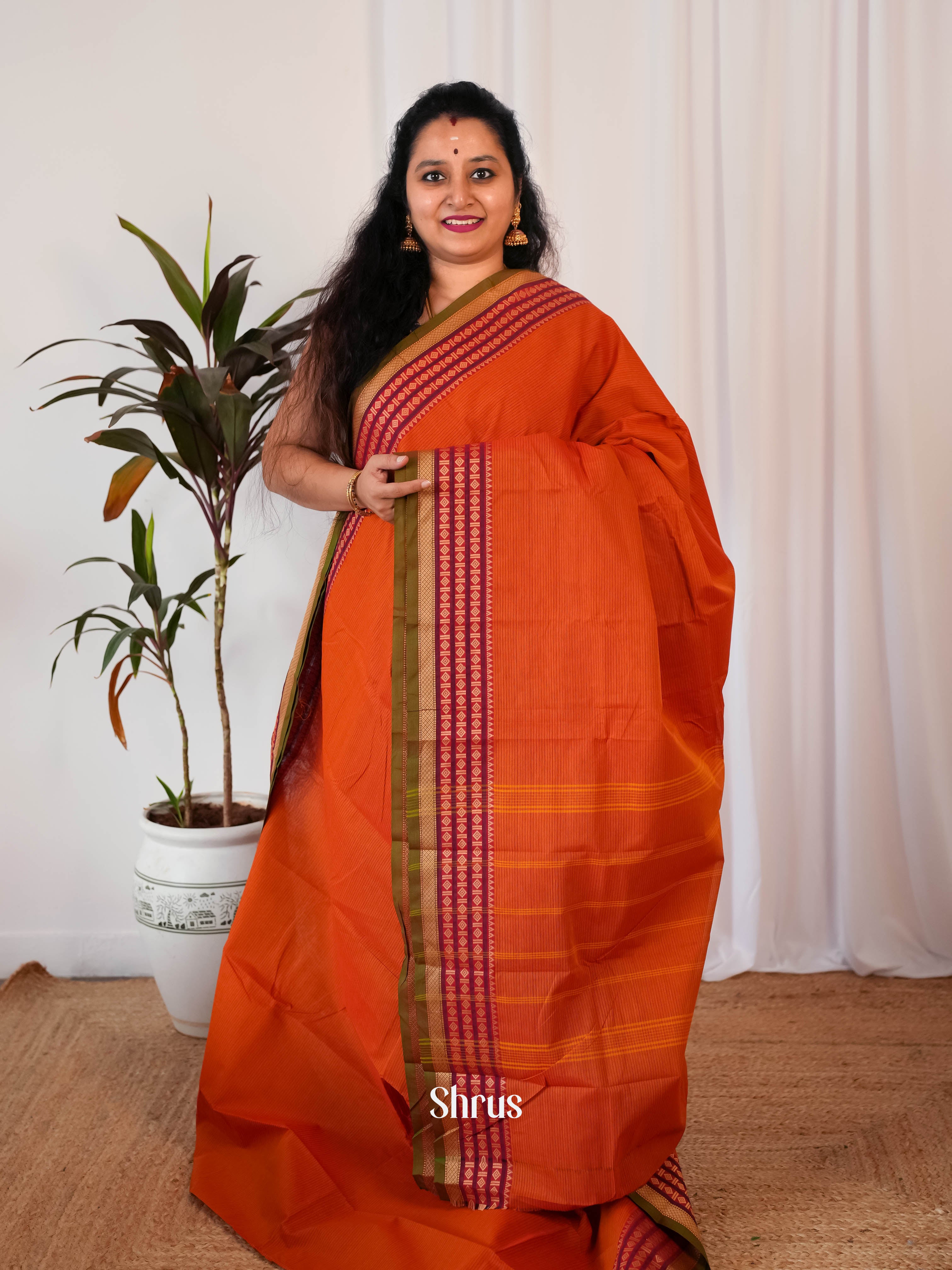 Orange & Green - Chettinad Cotton Saree - Shop on Shrus.com