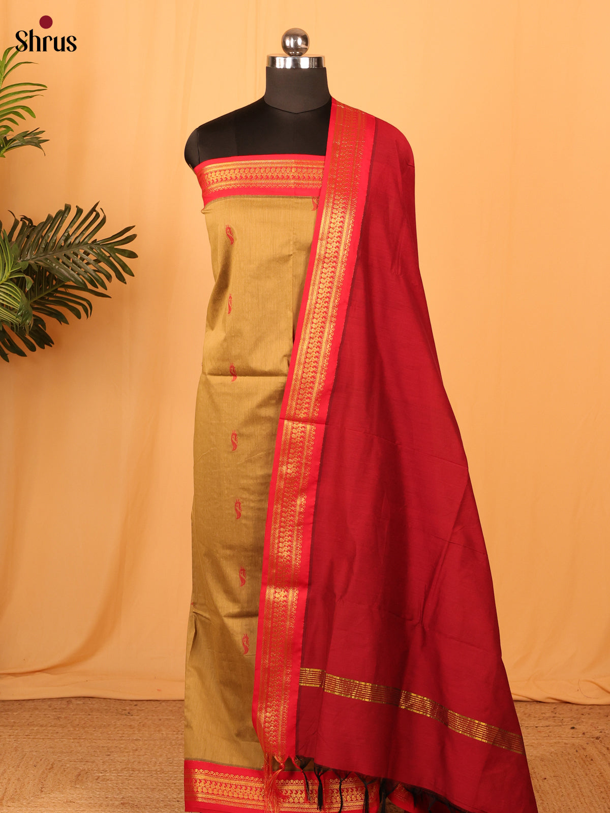 Beige & Red- Kalyani Cotton unstitched Top & Dupatta - CIS25225 - Shop on Shrus.com