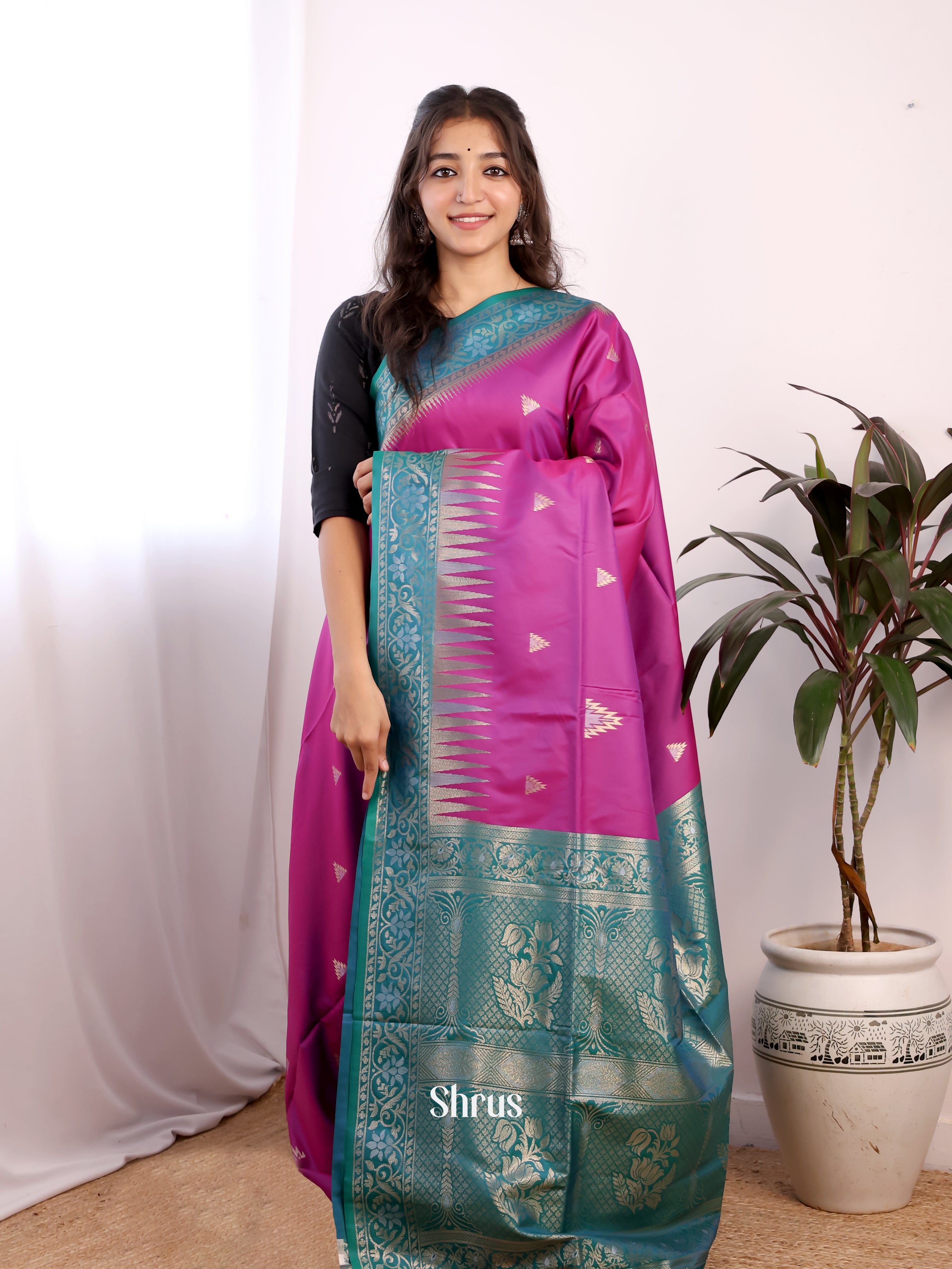 Purple & Blue - Semi Softsilk Saree - Shop on Shrus.com