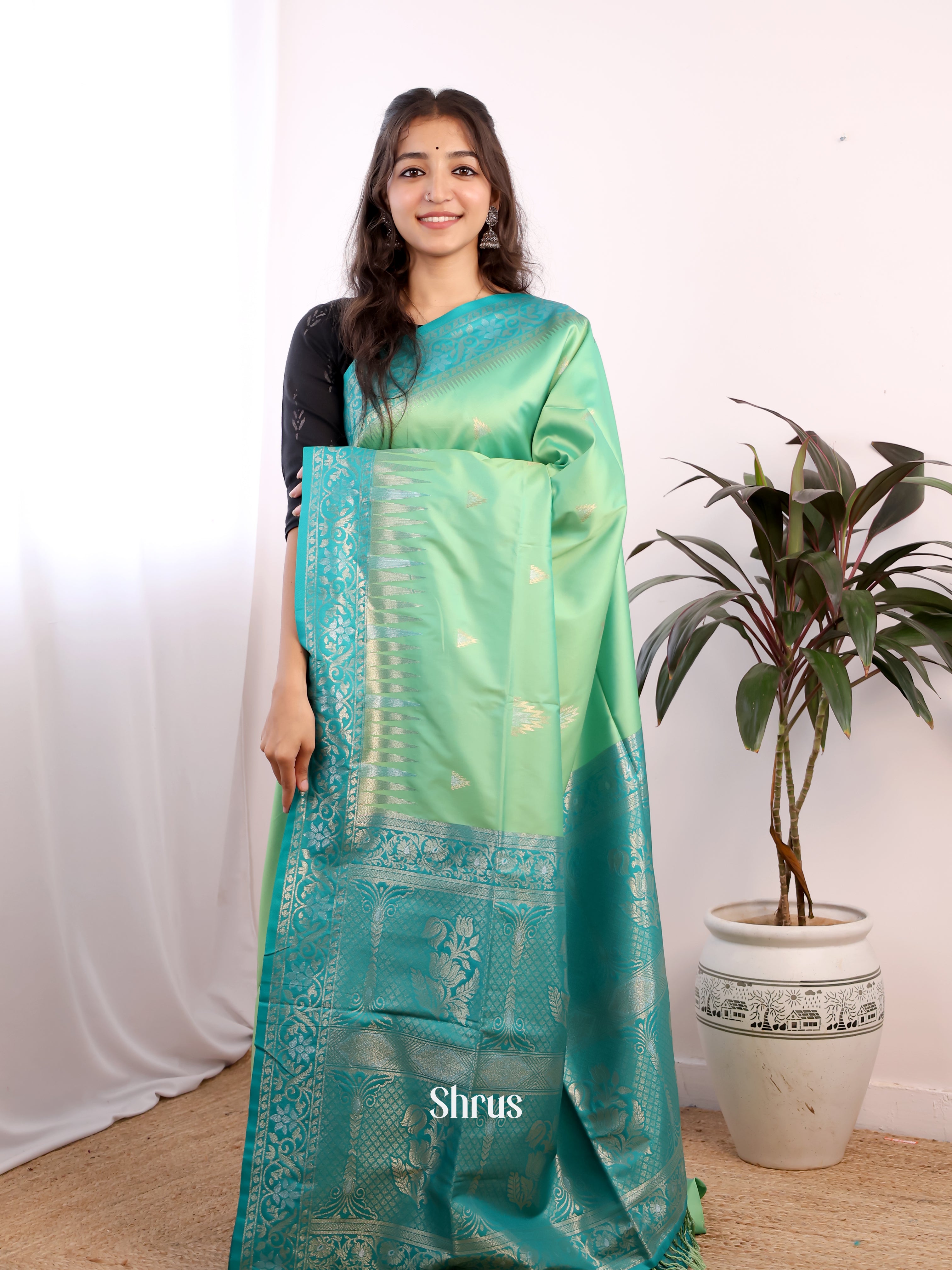 Pista Green & Green- Semi Softsilk Saree - Shop on Shrus.com
