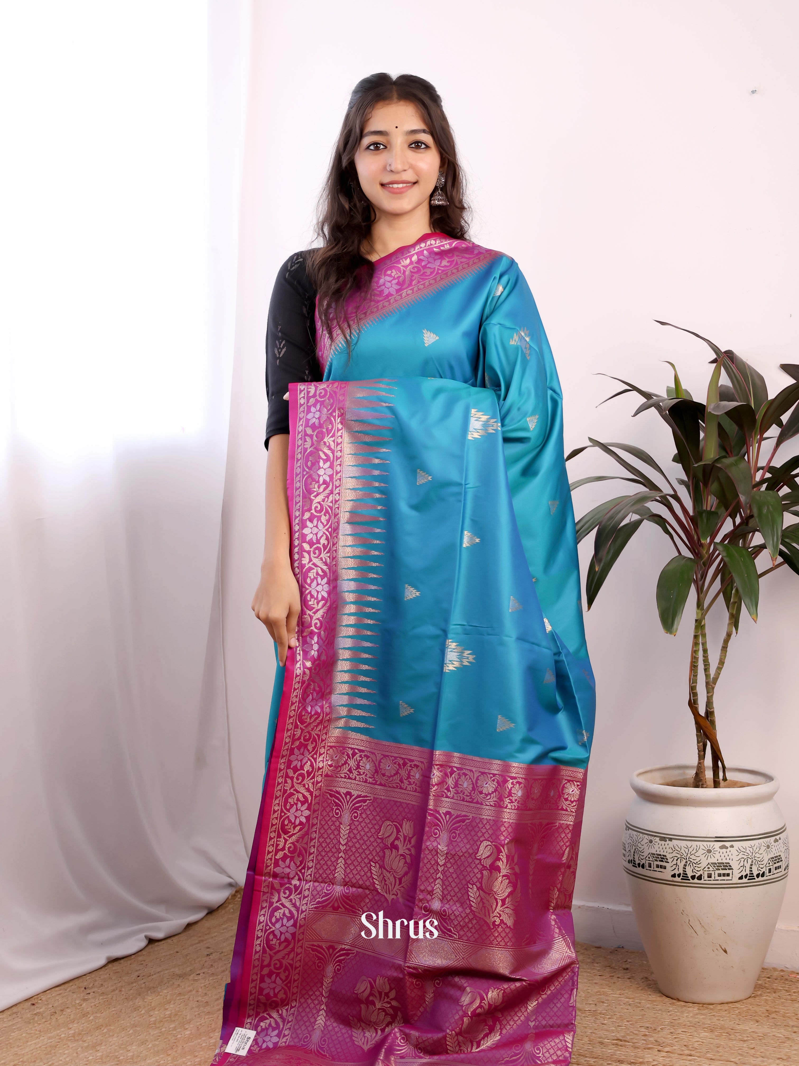 Blue & Majenta - Semi Softsilk Saree - Shop on Shrus.com