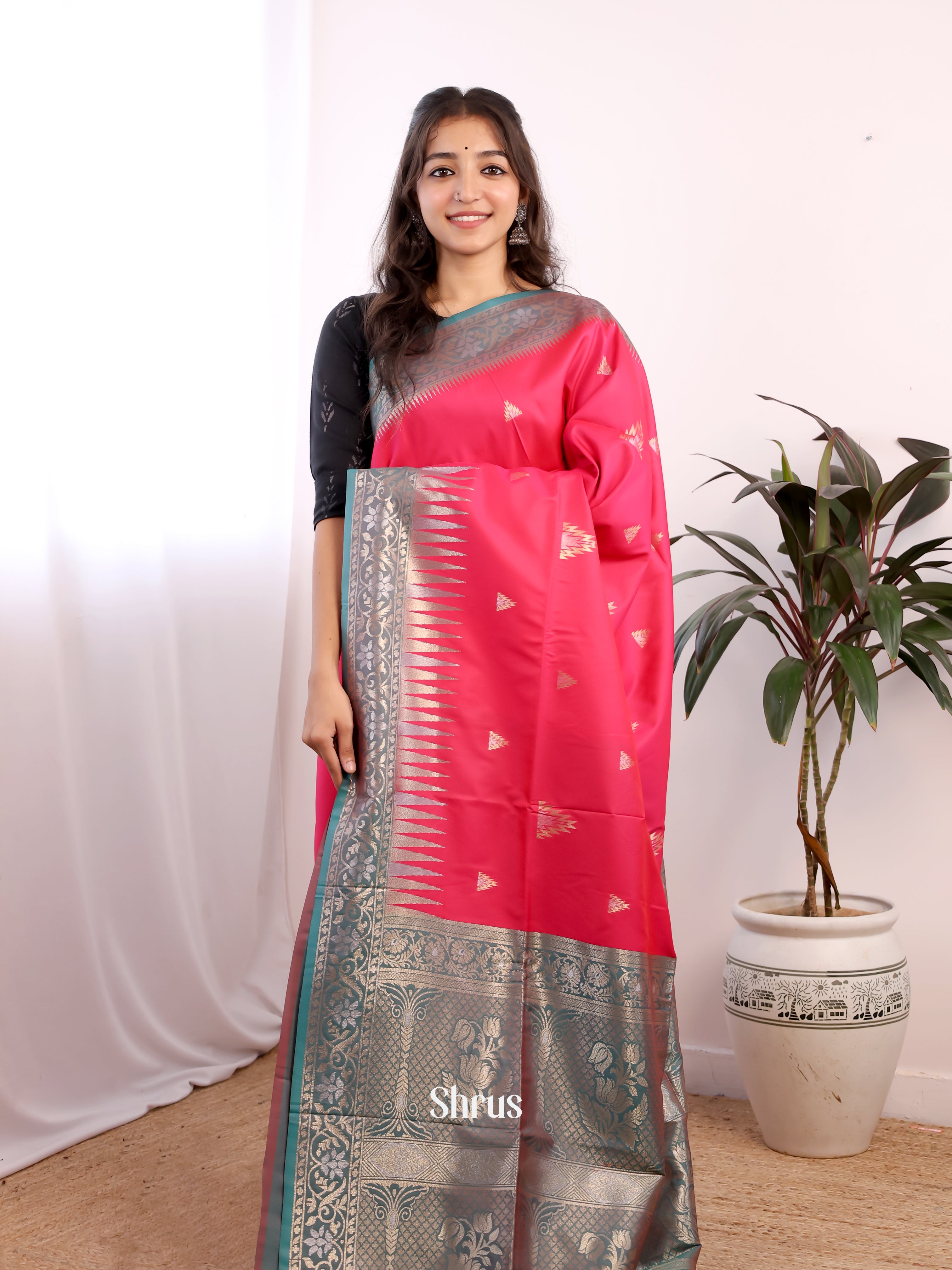 reddish Pink & Green- Semi Softsilk Saree - Shop on Shrus.com