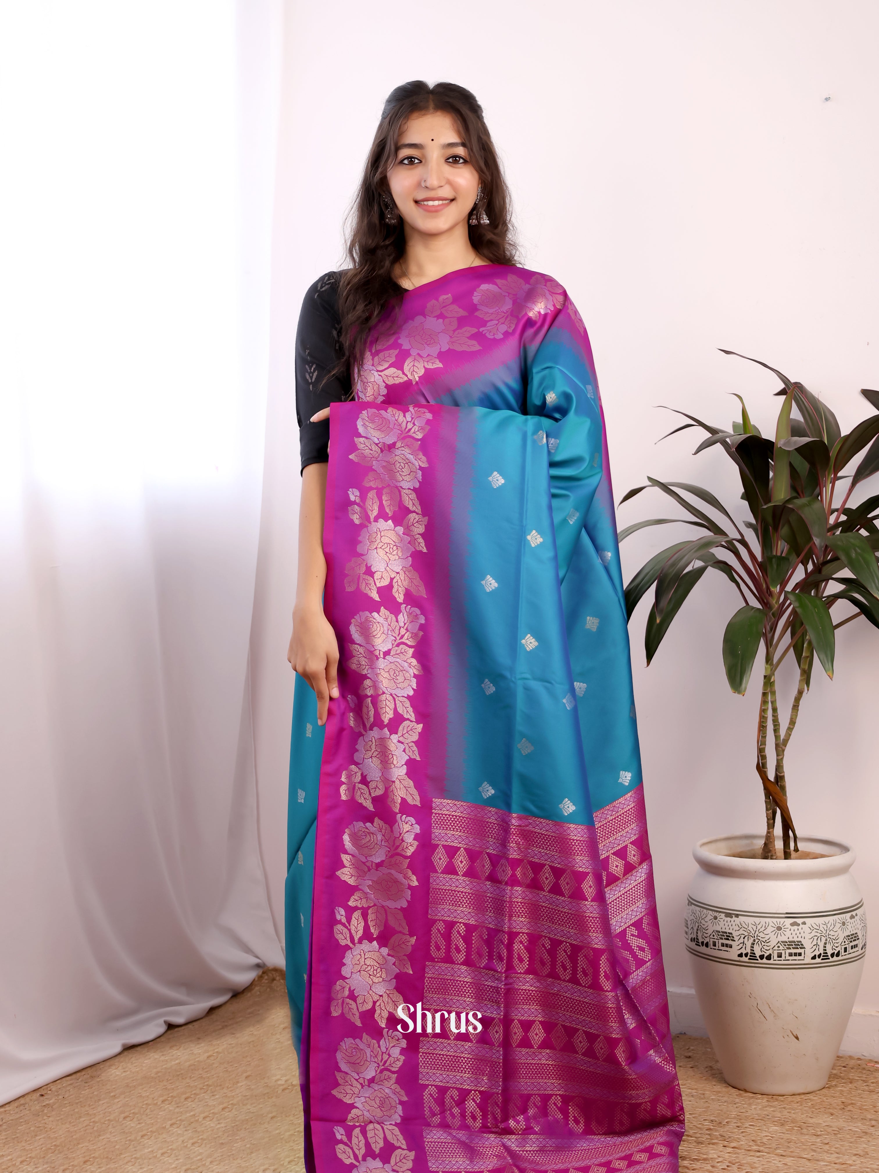 Blue & Purple - Semi Softsilk Saree - Shop on Shrus.com
