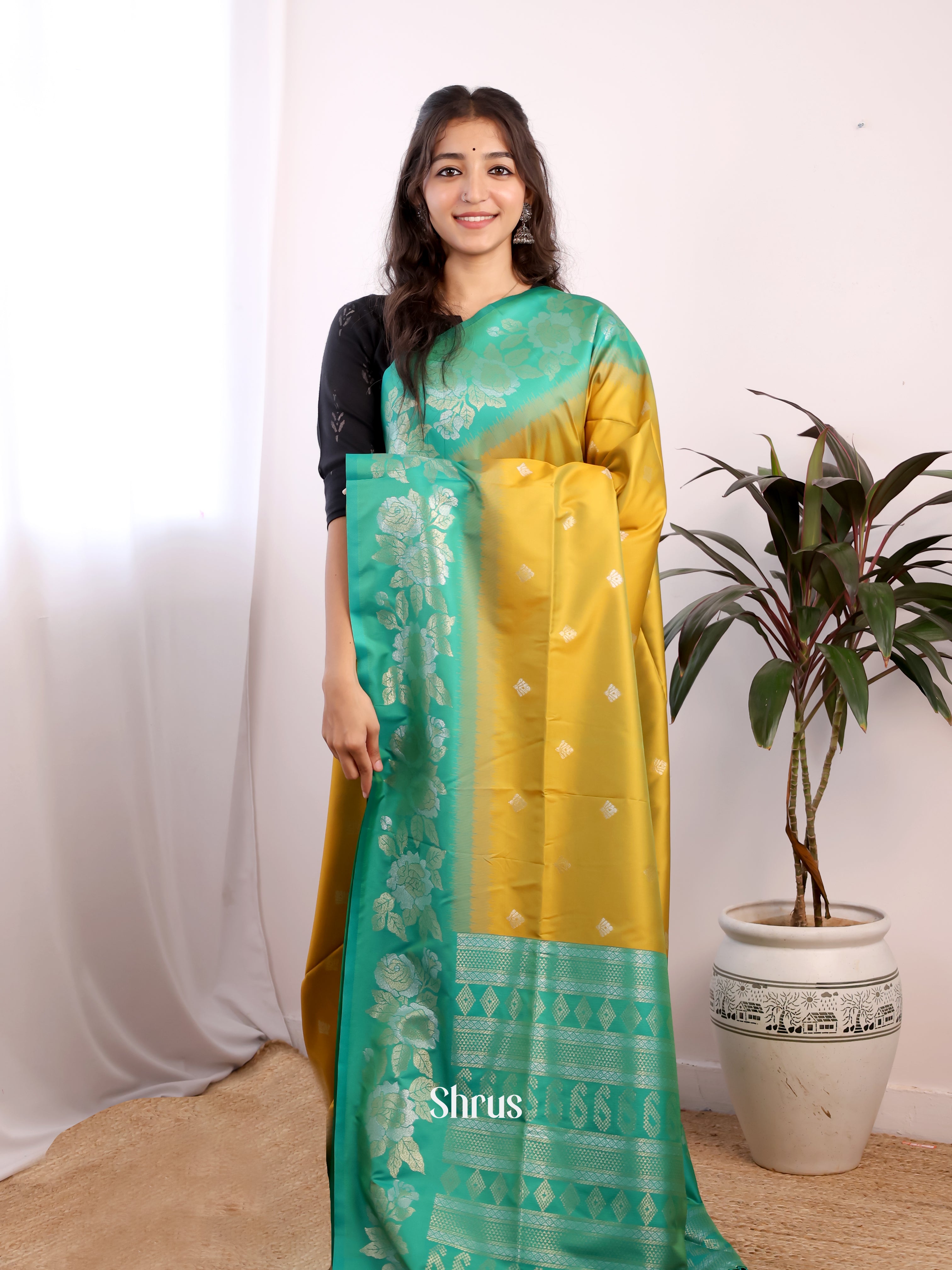 Mustardy Green & Green - Semi Softsilk Saree - Shop on Shrus.com