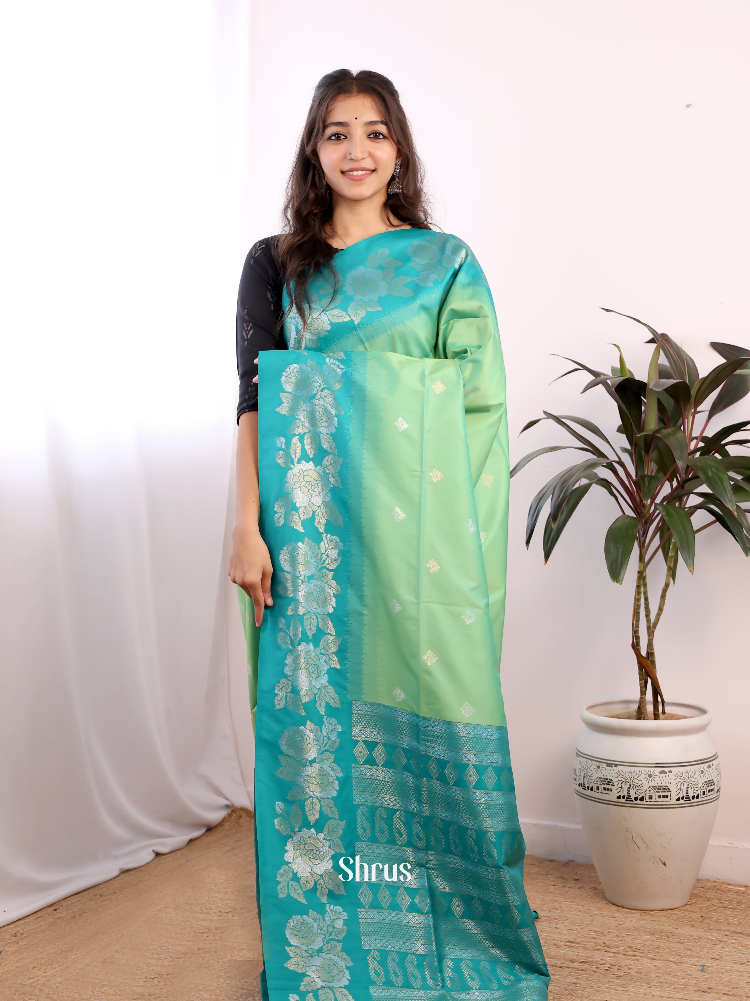 Pista Green & Green - Semi Softsilk Saree - Shop on Shrus.com
