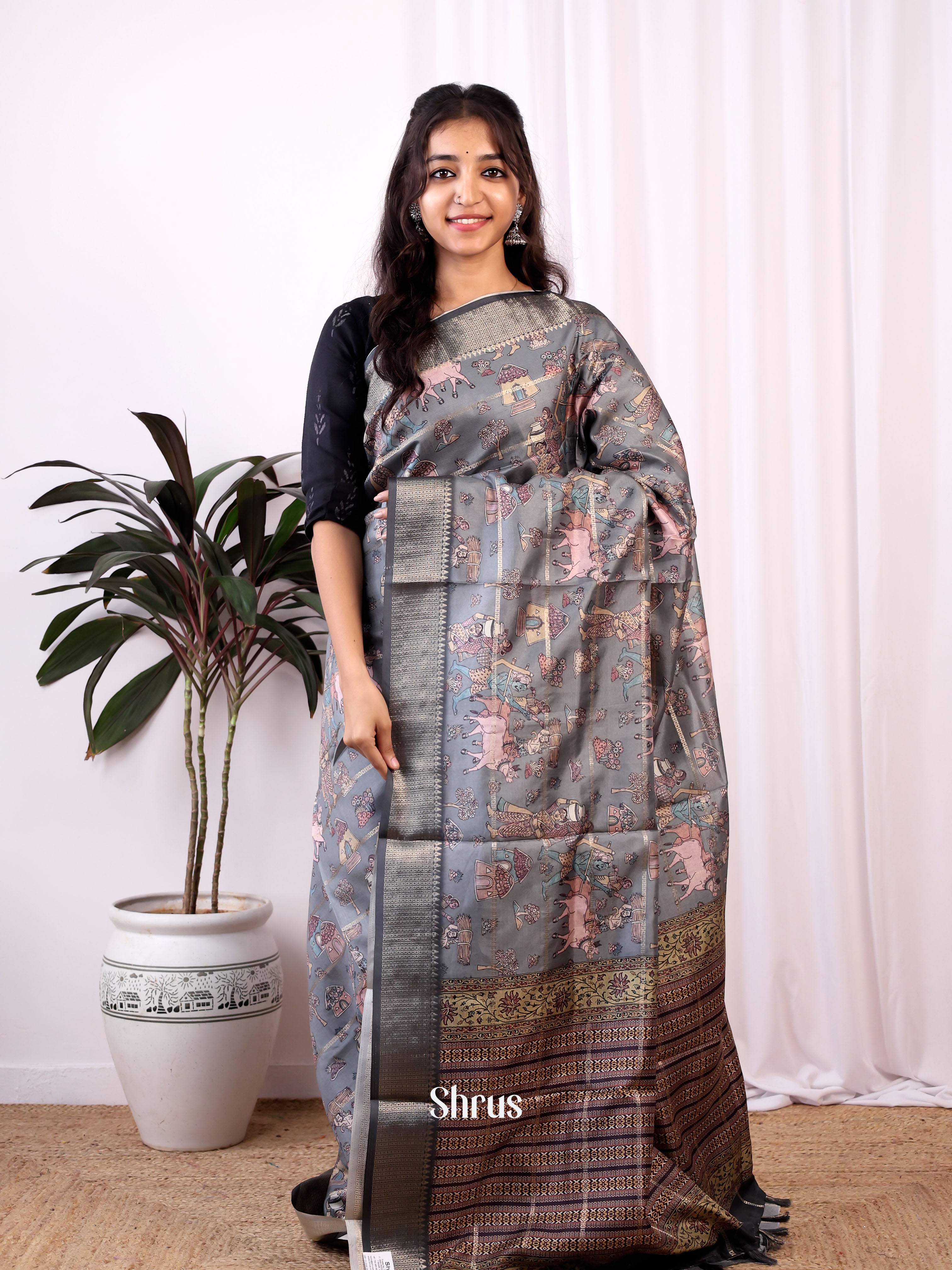 Grey - Semi Dola silk Saree - Shop on Shrus.com