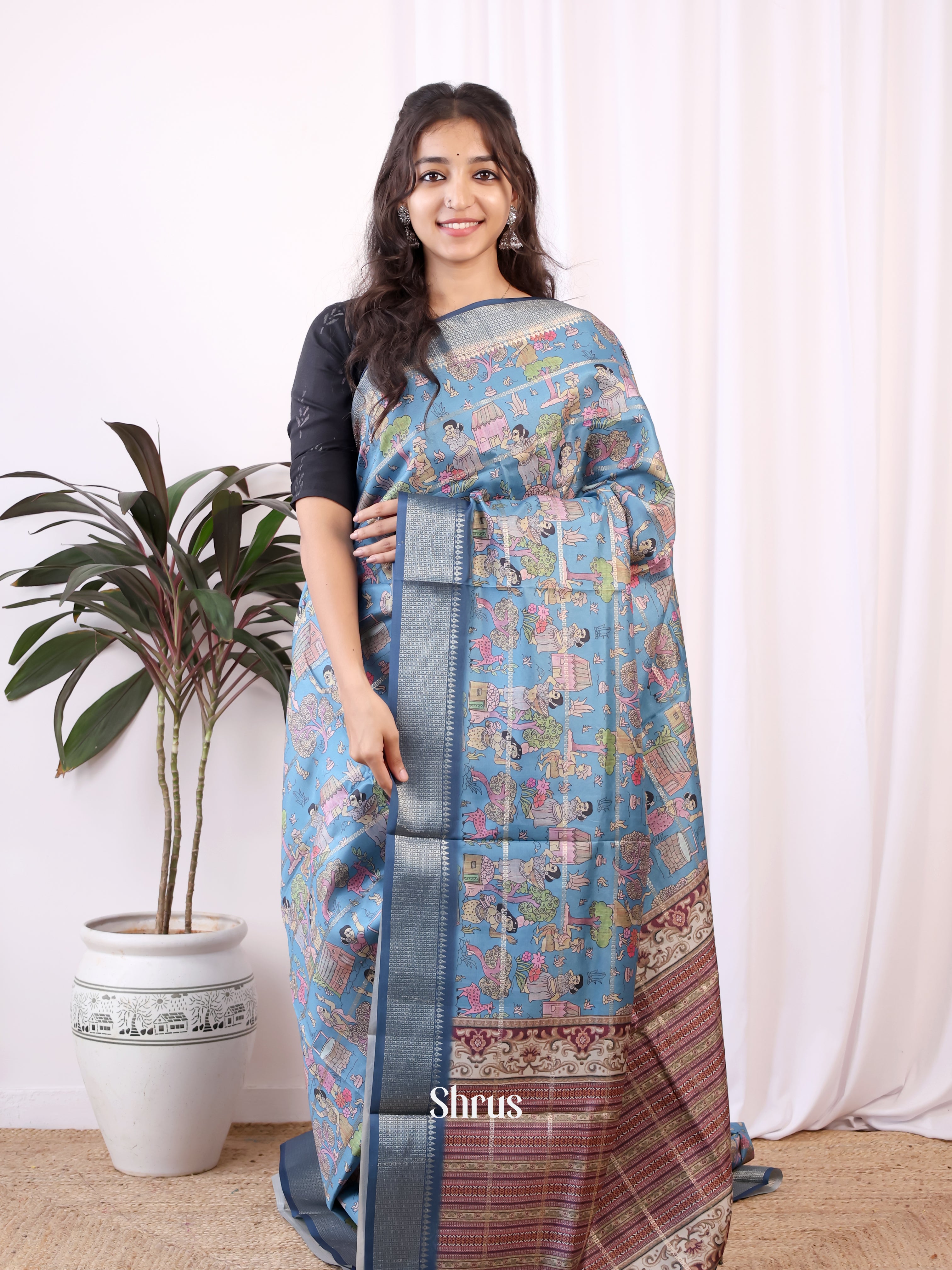 Blue - Semi Dola silk Saree - Shop on Shrus.com