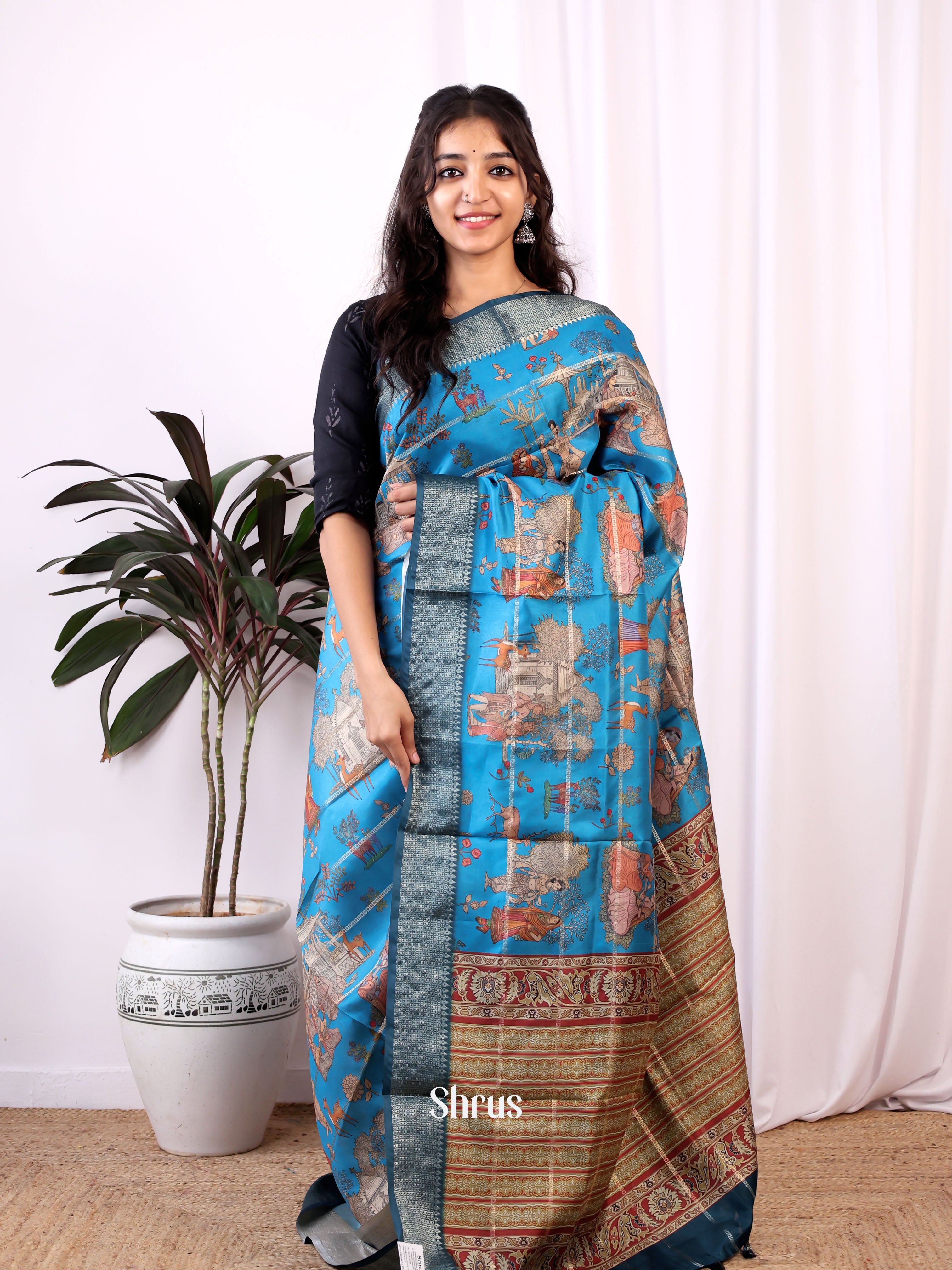 Blue - Semi Dola silk Saree - Shop on Shrus.com